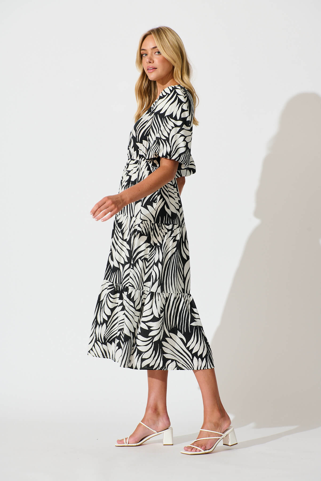 Baltimore Midi Dress in Black with Cream Leaf Print
