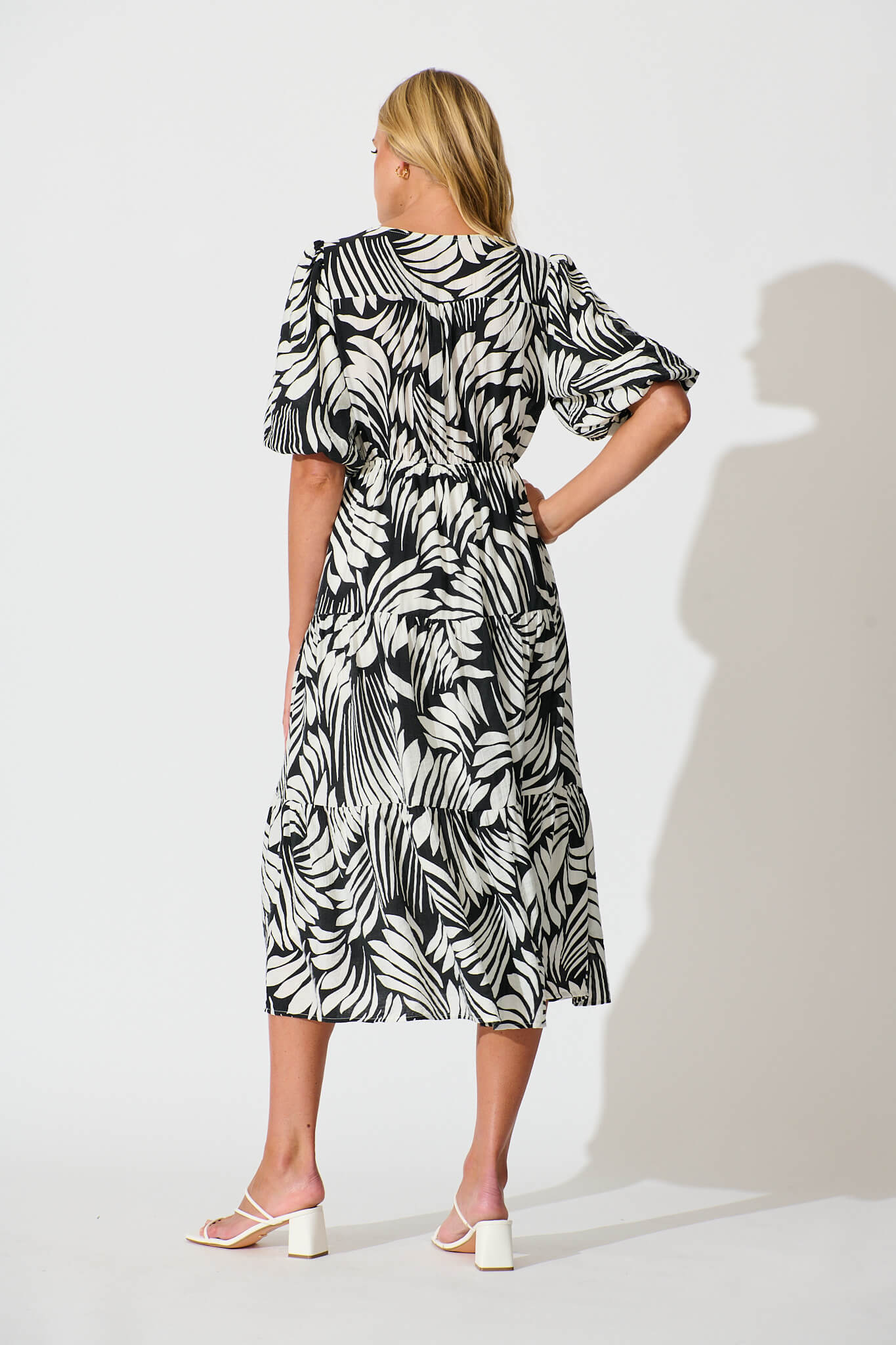 Baltimore Midi Dress in Black with Cream Leaf Print