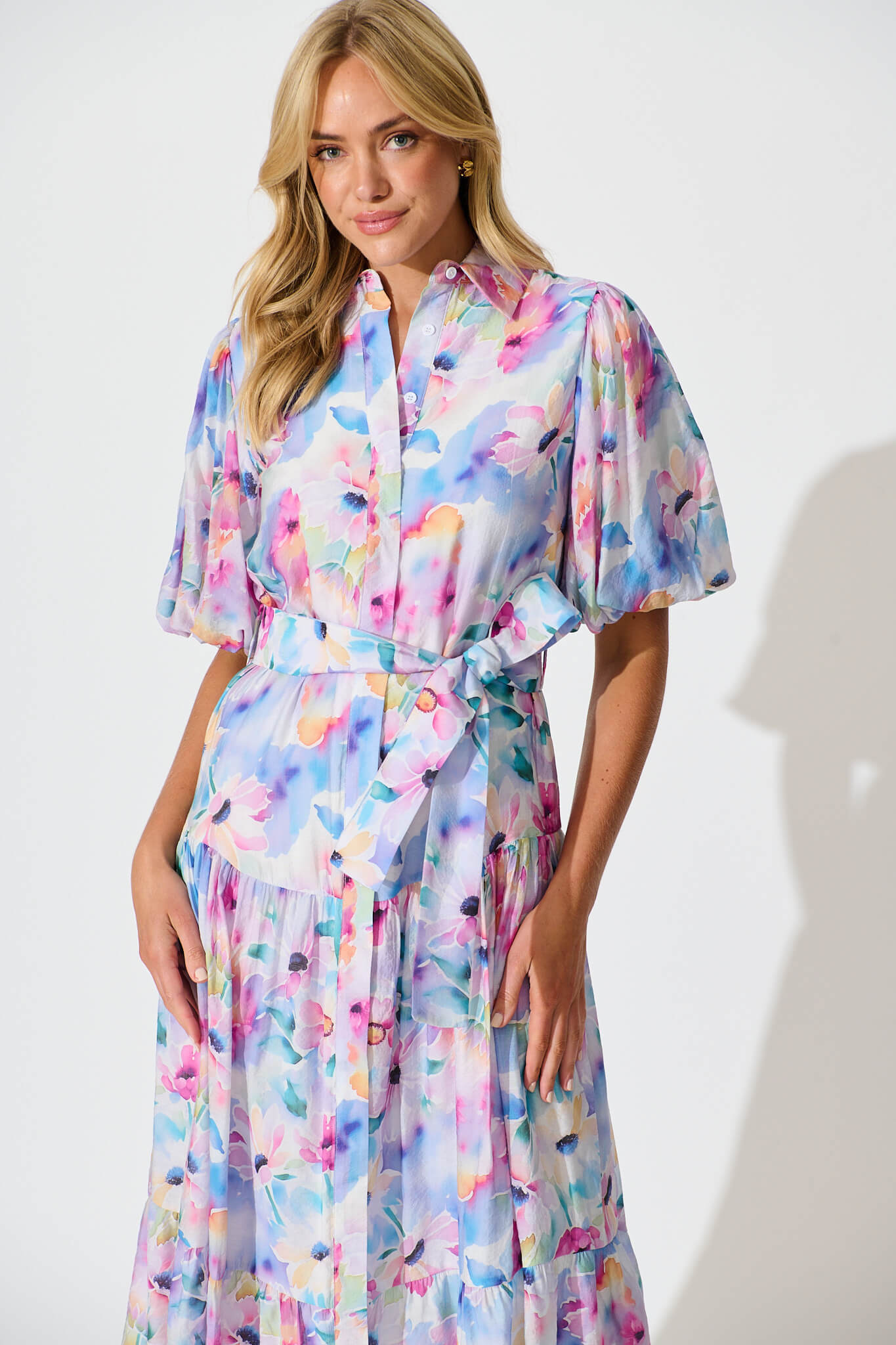 Rosina Maxi Shirt Dress in Pastel Watercolour Floral