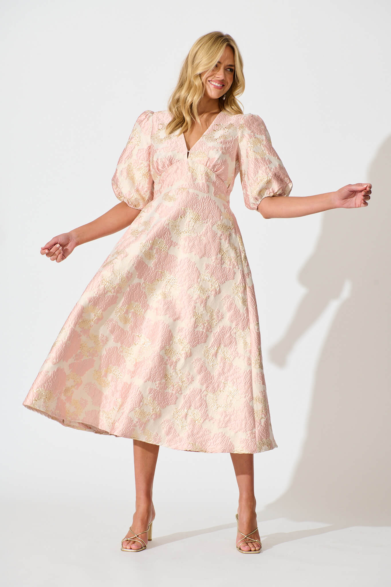Opulence Midi Dress in Blush with Gold Jacquard