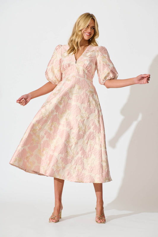 Opulence Midi Dress in Blush with Gold Jacquard