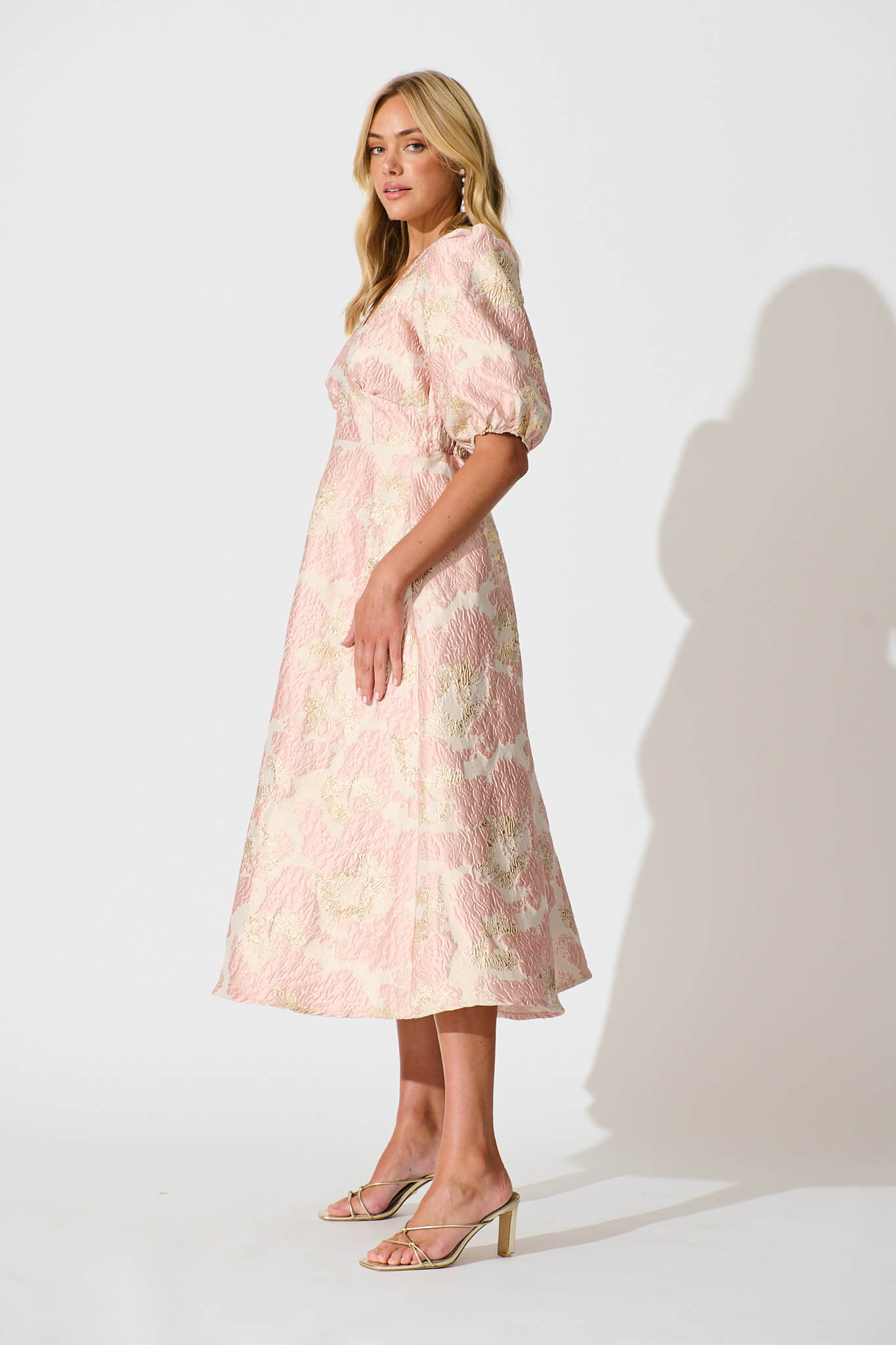 Opulence Midi Dress in Blush with Gold Jacquard
