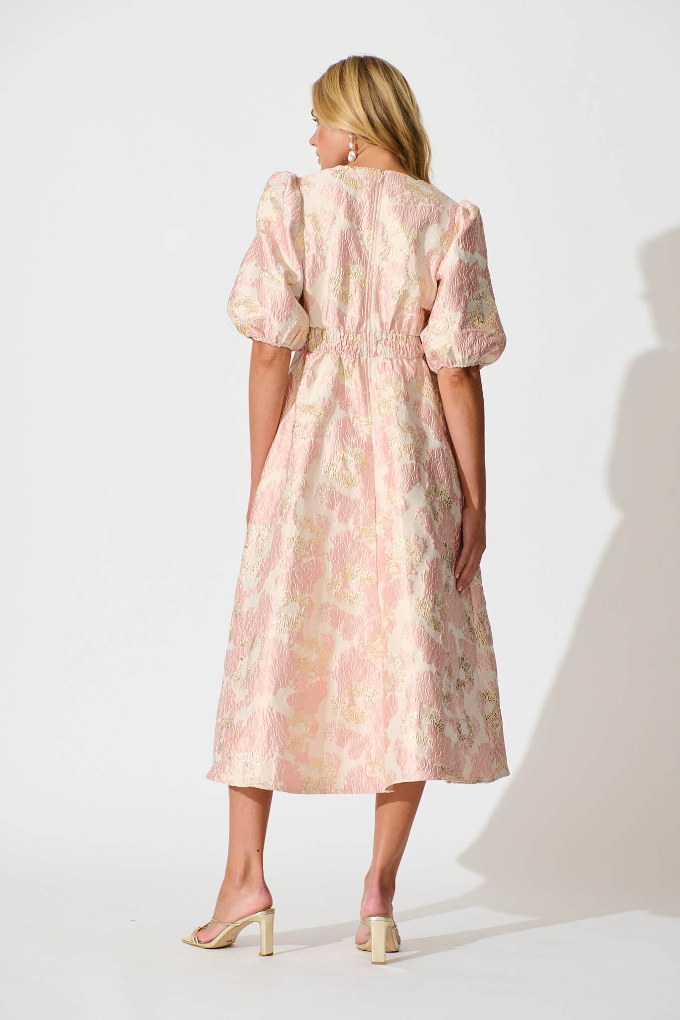 Opulence Midi Dress in Blush with Gold Jacquard