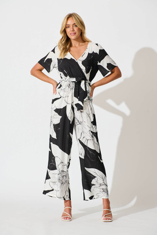Calliope Jumpsuit In Black With White Floral