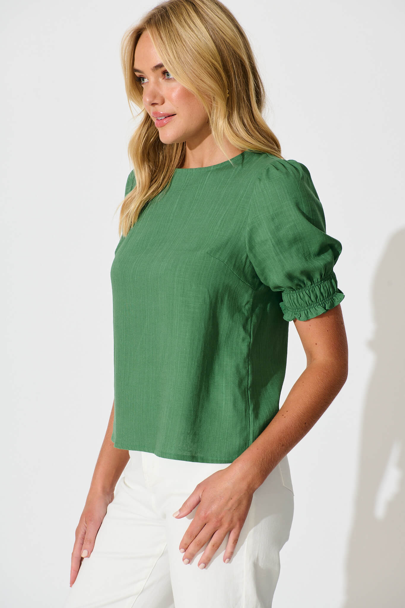 Melanie Top in Green Cotton Linen Blend