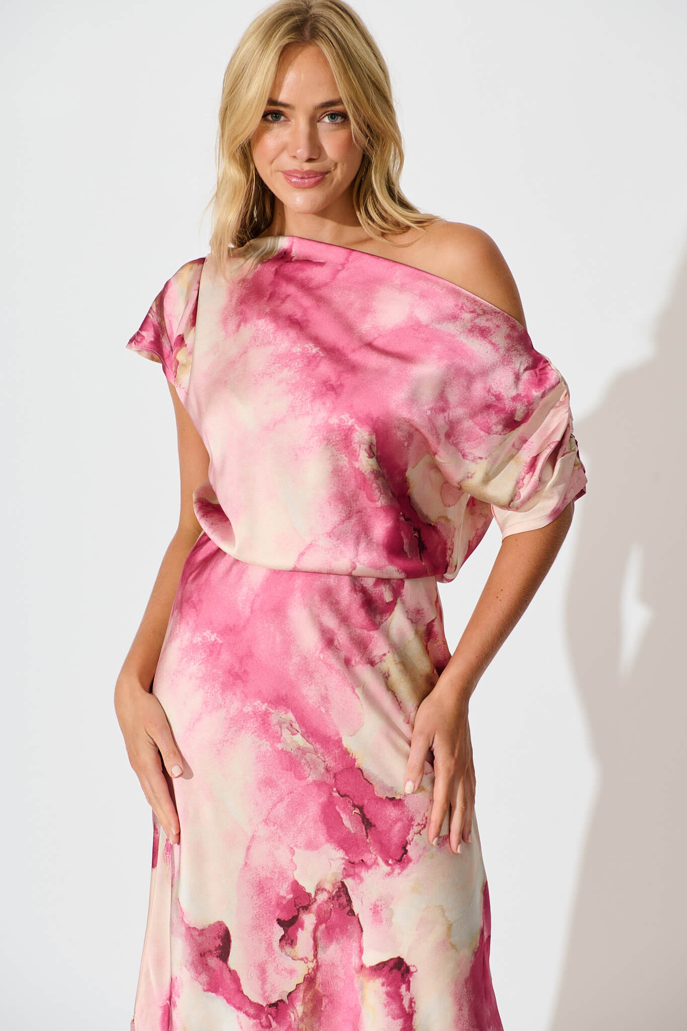 Sarita Maxi Off Shoulder Dress in Magenta Watercolour Satin