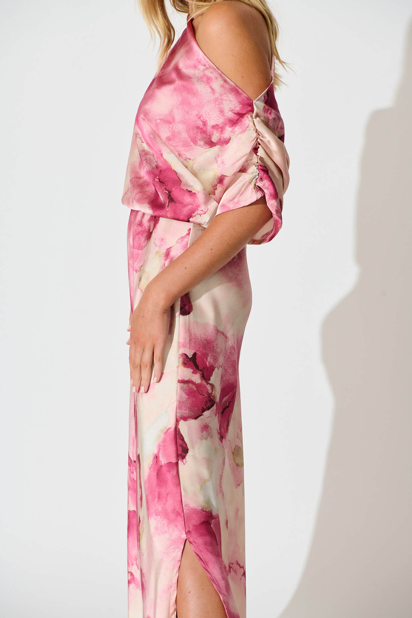 Sarita Maxi Off Shoulder Dress in Magenta Watercolour Satin