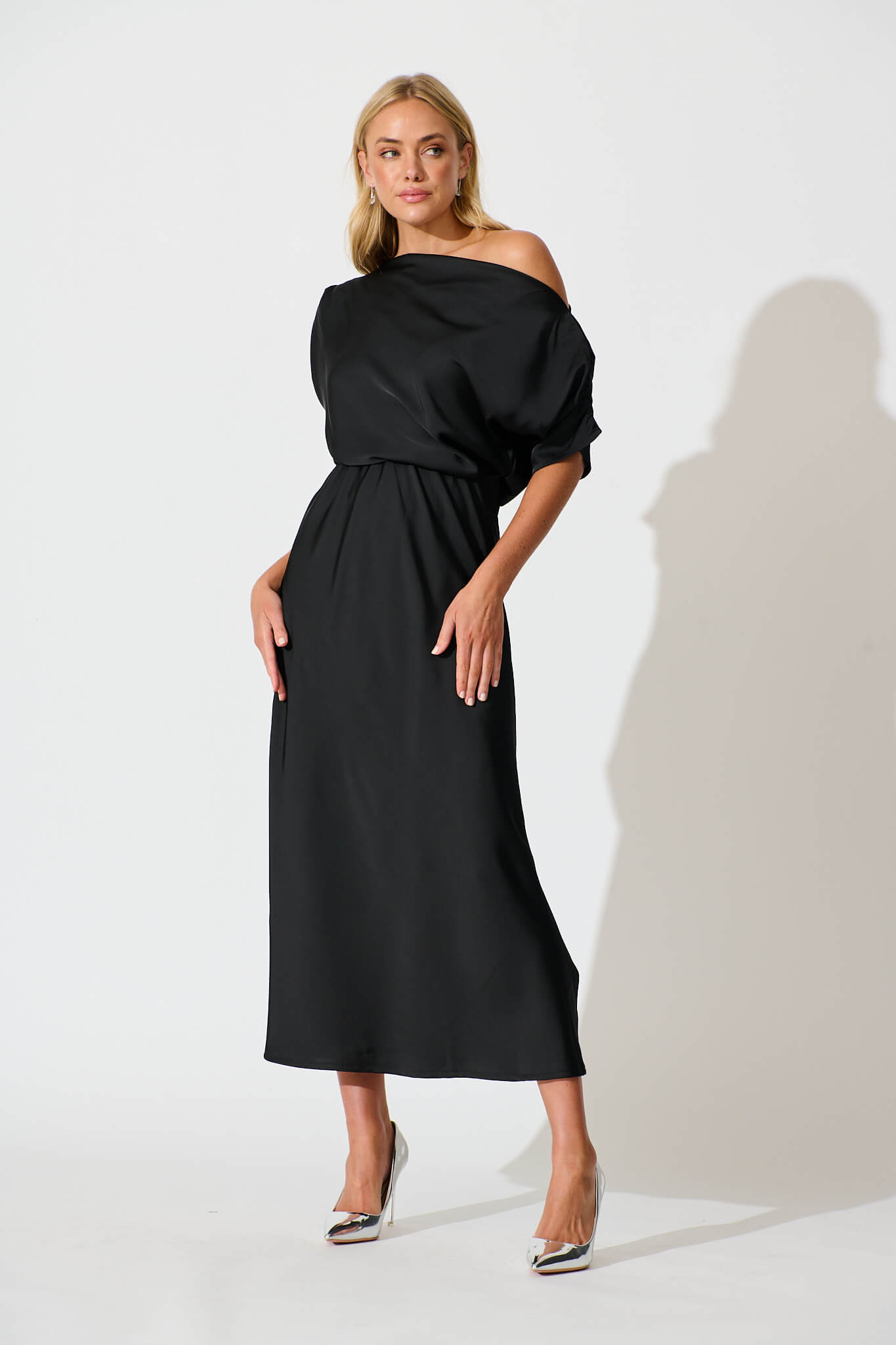 Sarita Maxi Off Shoulder Dress in Black Satin