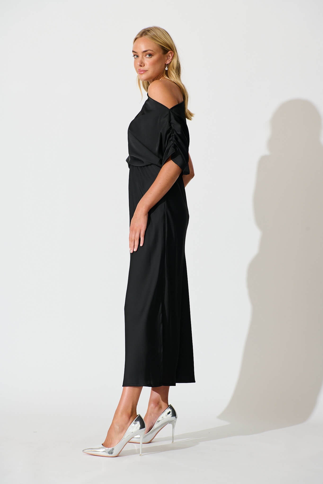 Sarita Maxi Off Shoulder Dress in Black Satin