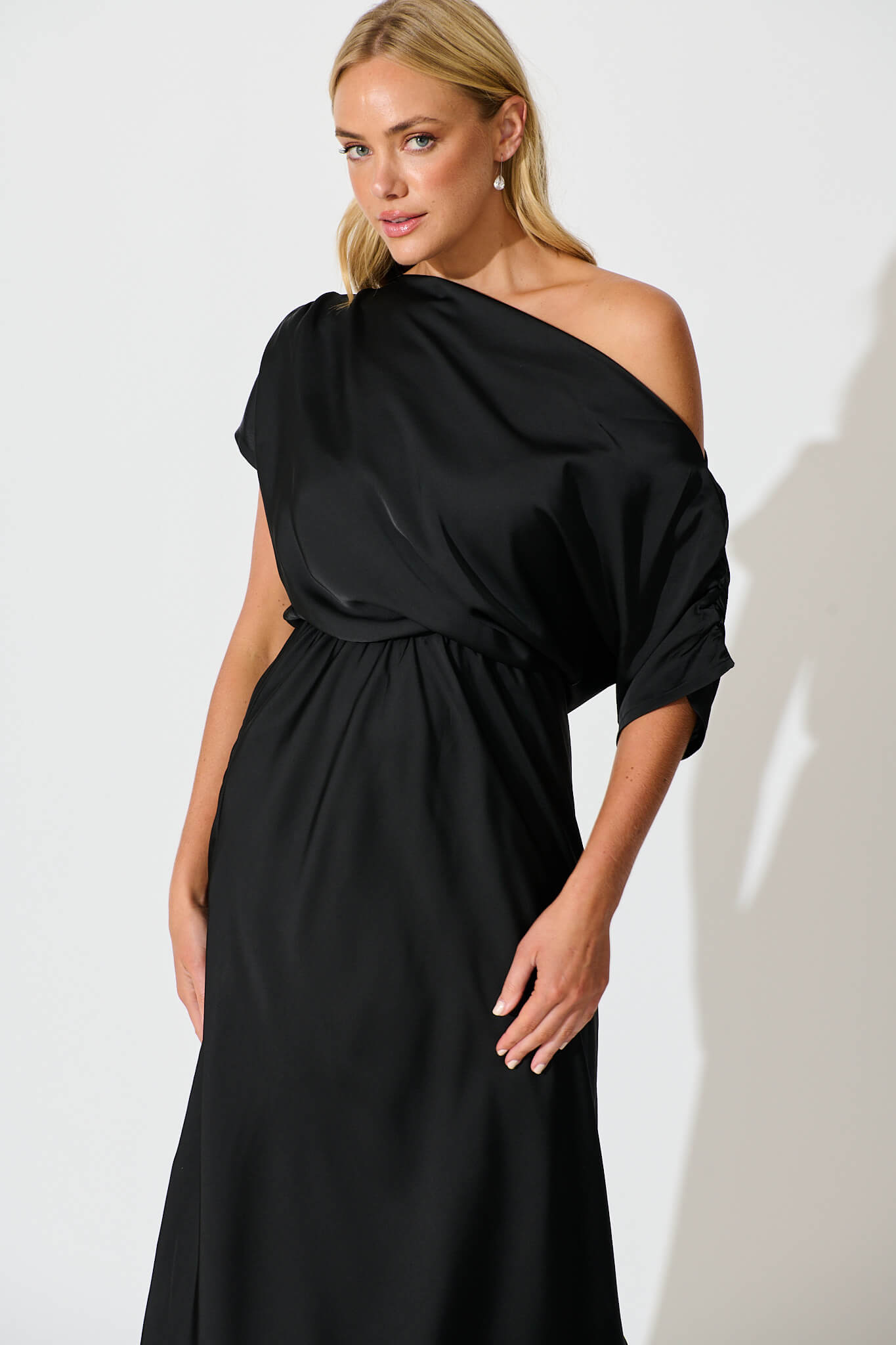 Sarita Maxi Off Shoulder Dress in Black Satin