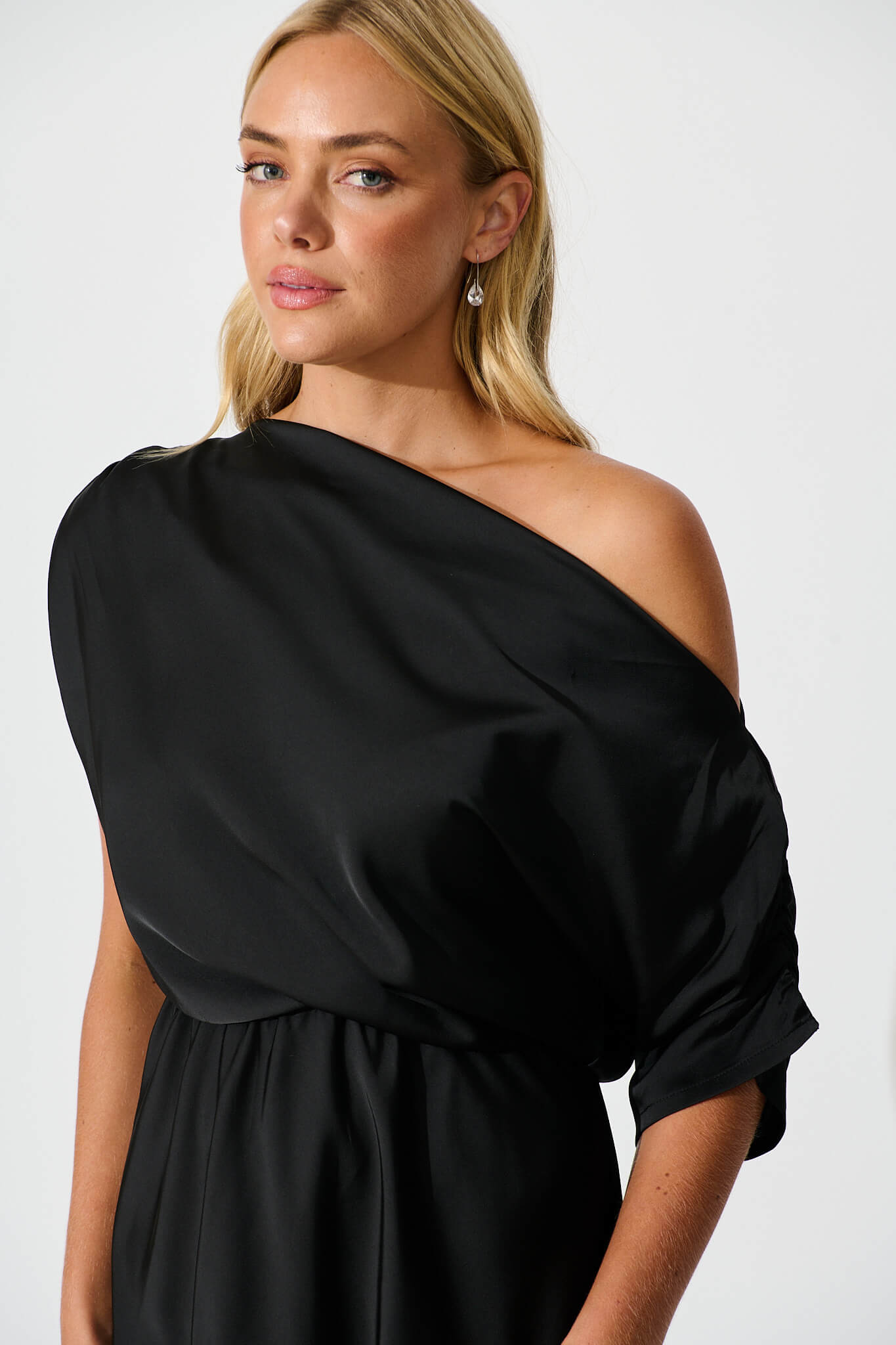 Sarita Maxi Off Shoulder Dress in Black Satin
