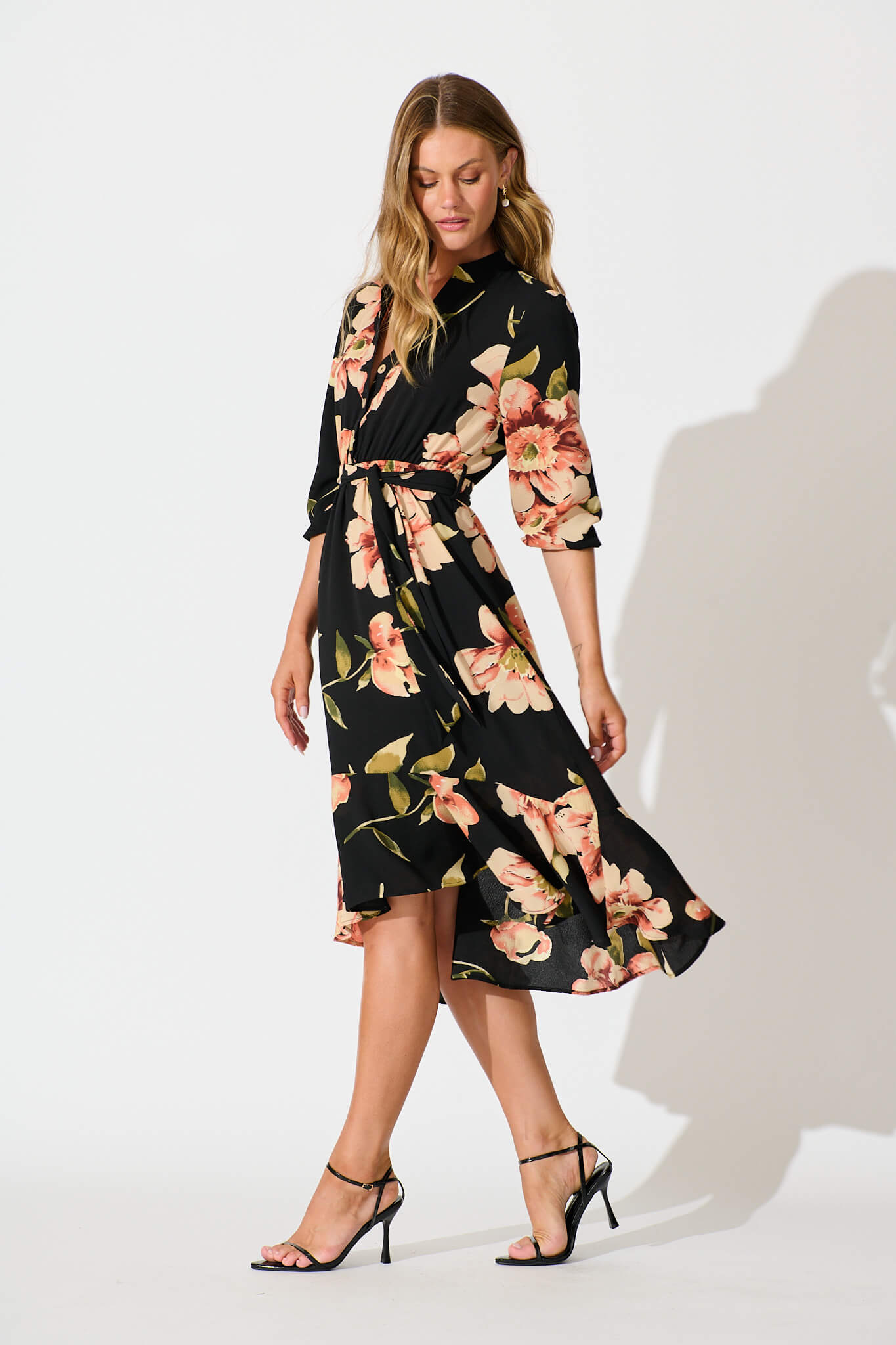 Jemimah Midi Dress In Black with Blush Floral