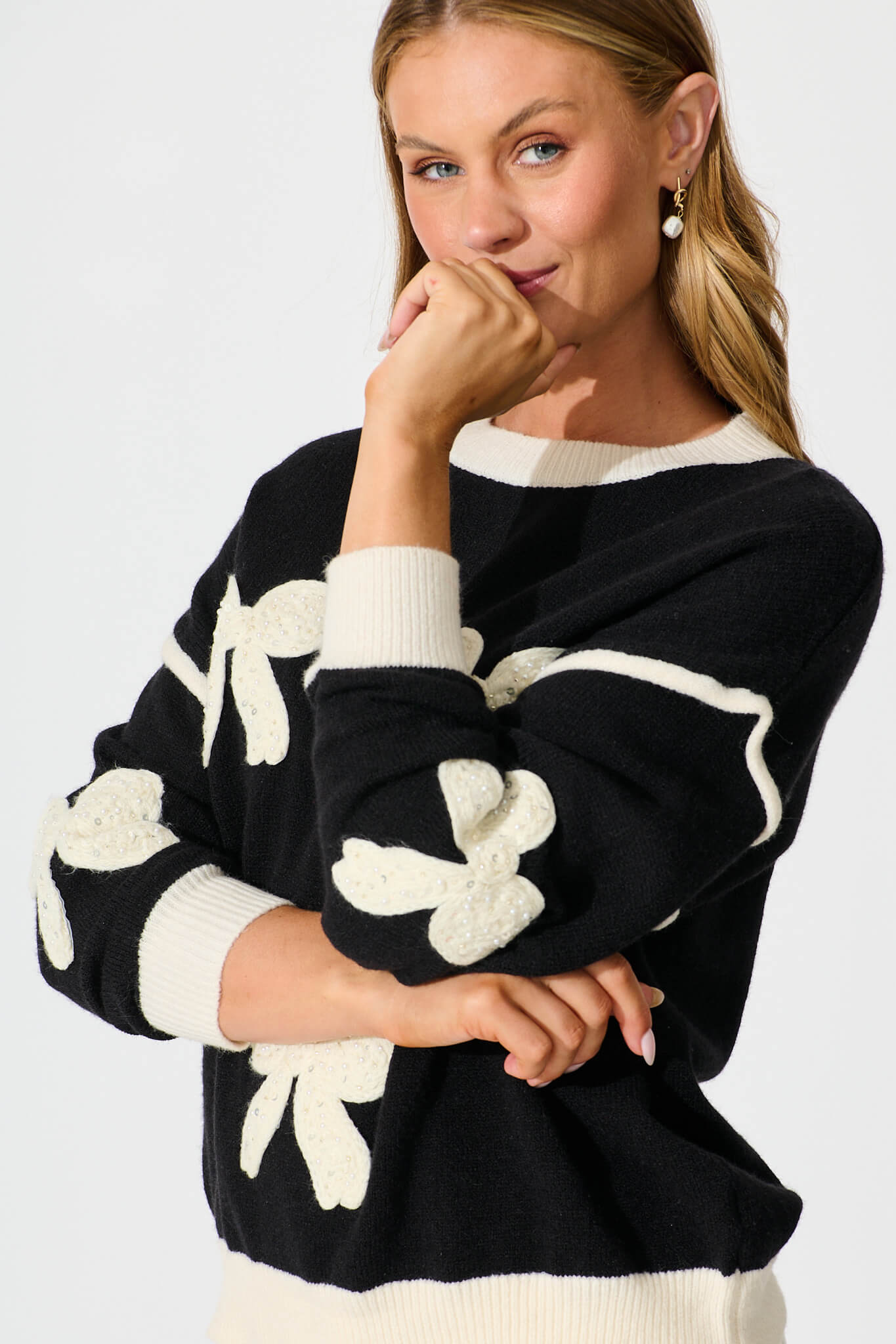 Amory Knit in Black with Cream Bows Wool Blend