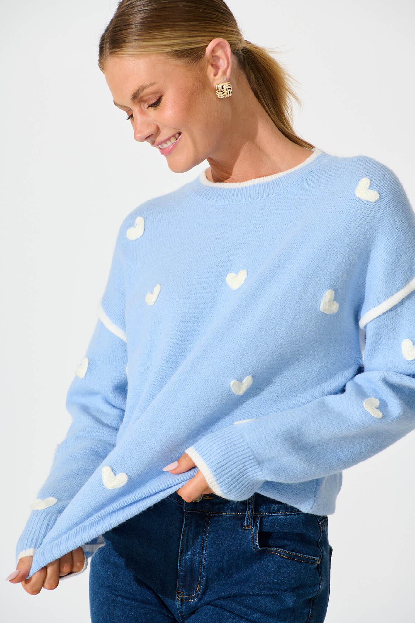 Angie Knit in Pale Blue with Cream Heart Wool Blend