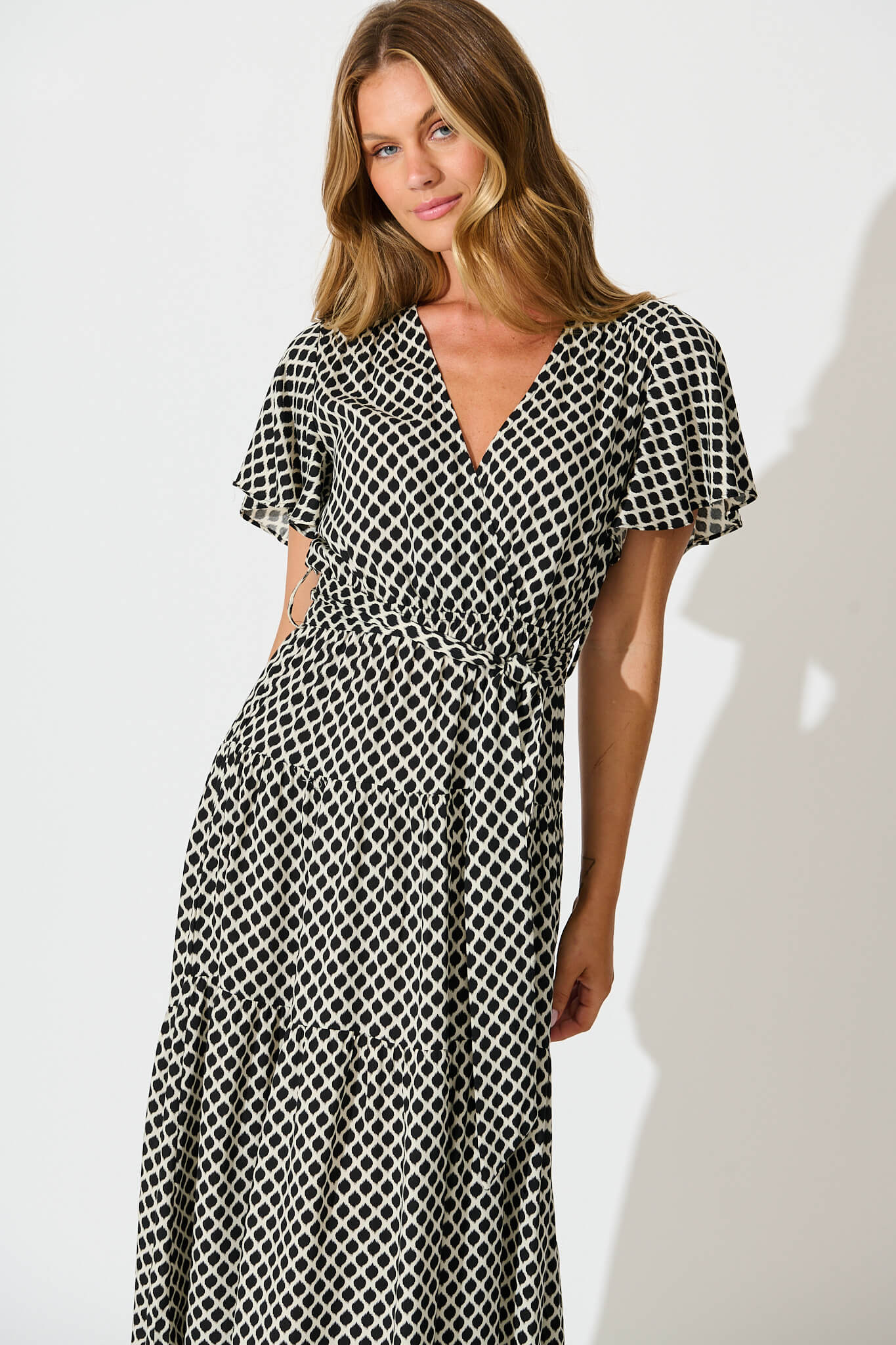 Heidi Maxi Dress in Black and Cream Geometric Print