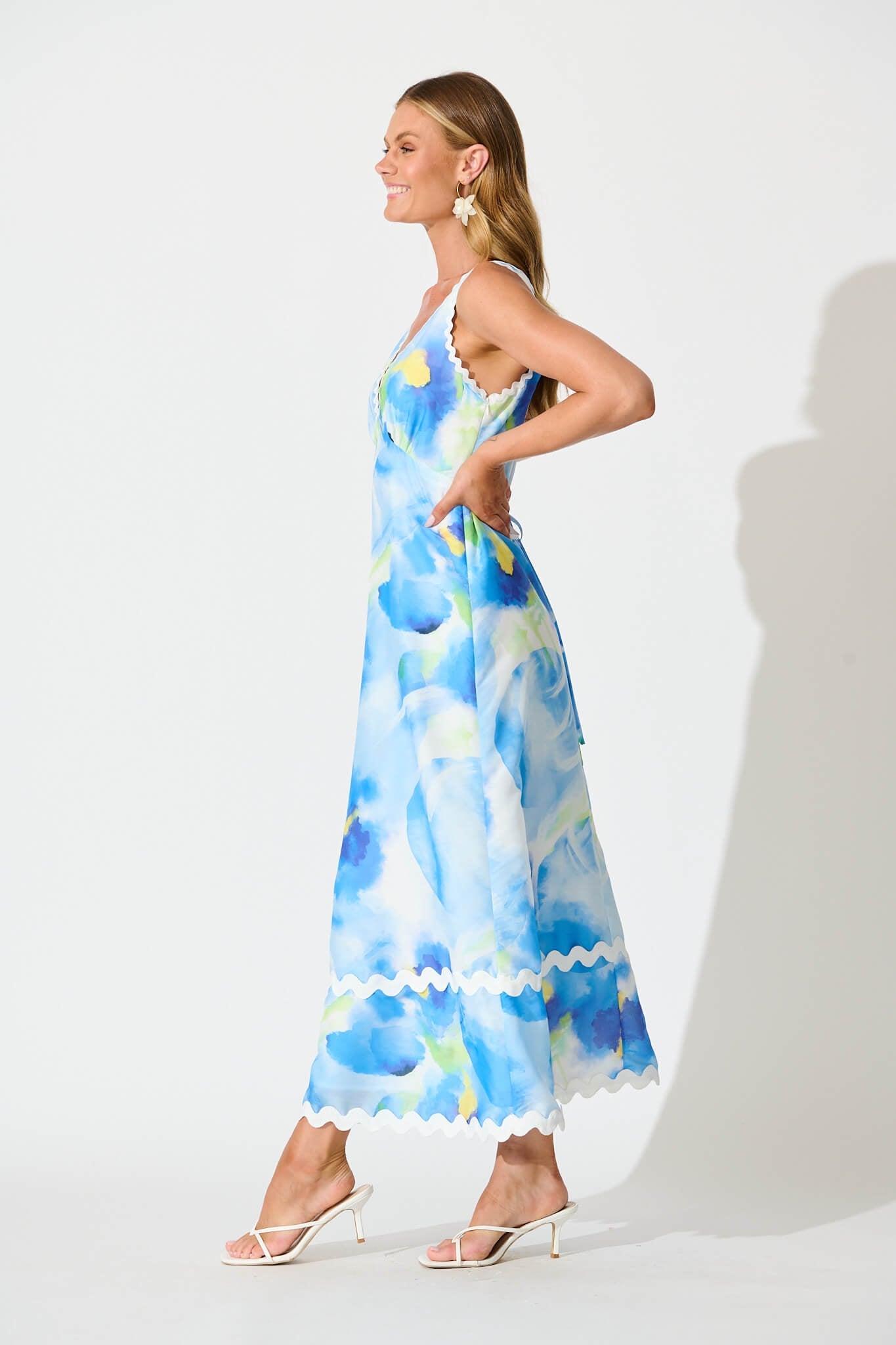 Franca Maxi Dress In Blue Watercolour with Ric Rac Trim