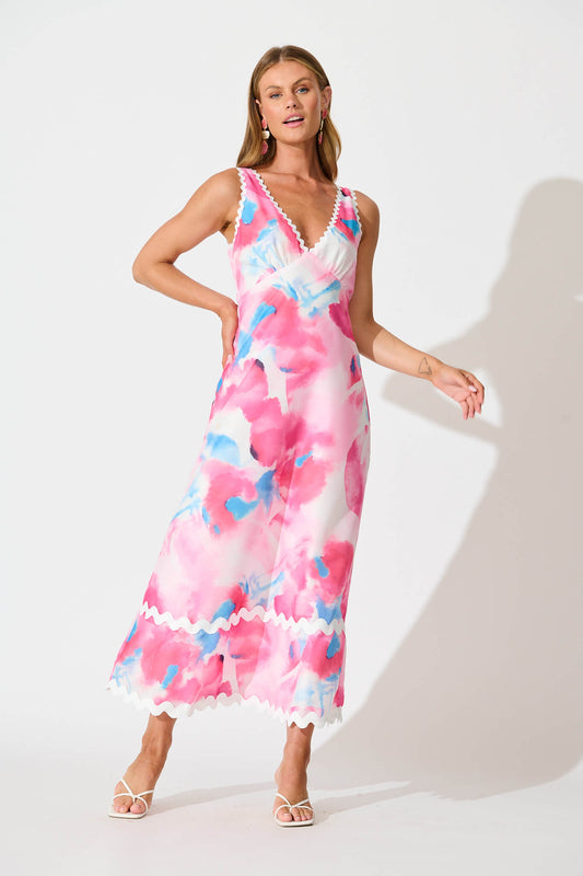 Franca Maxi Dress in Pink Watercolour with Ric Rac Trim
