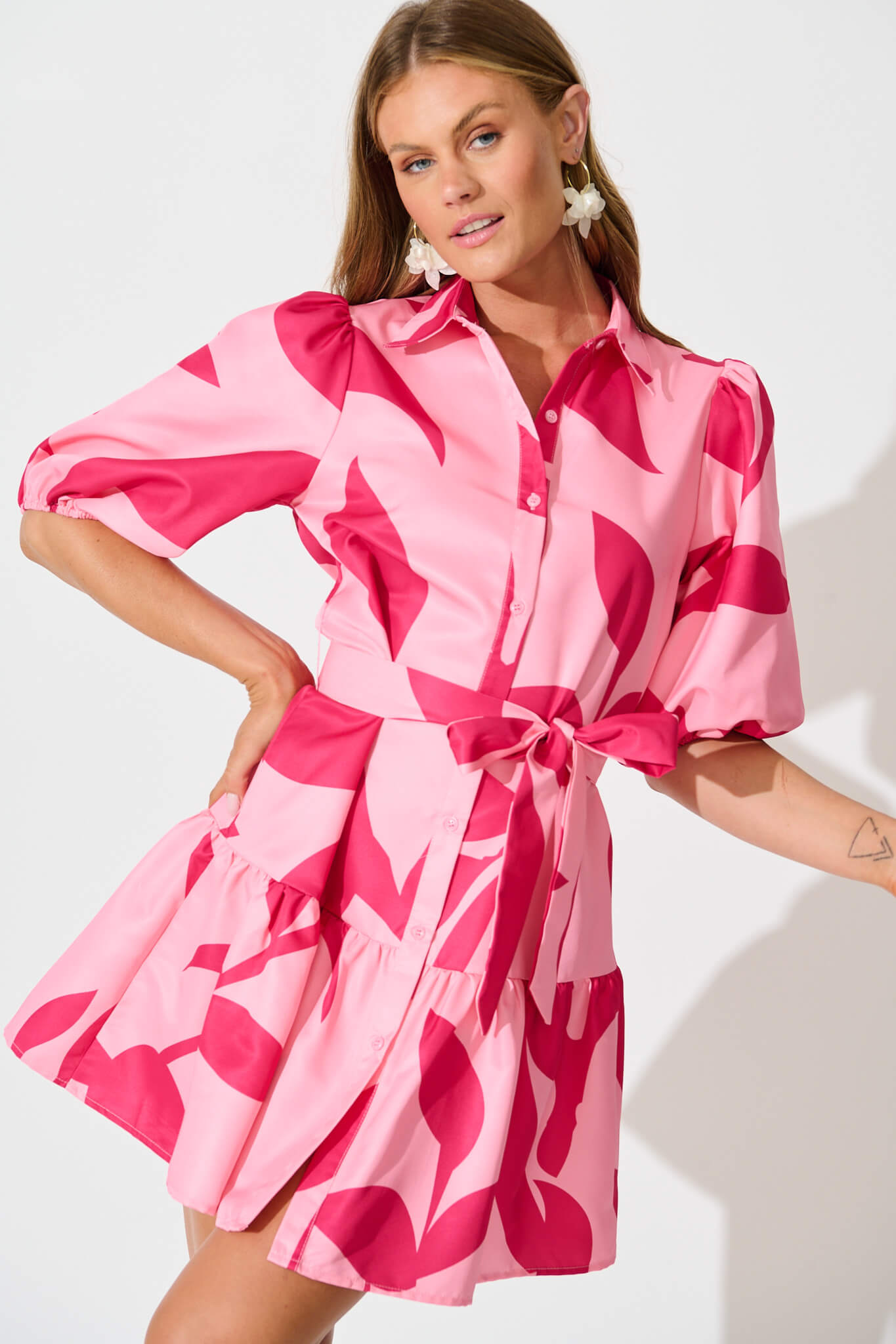 Fione Shirt Dress in Blush With Fuchsia Print