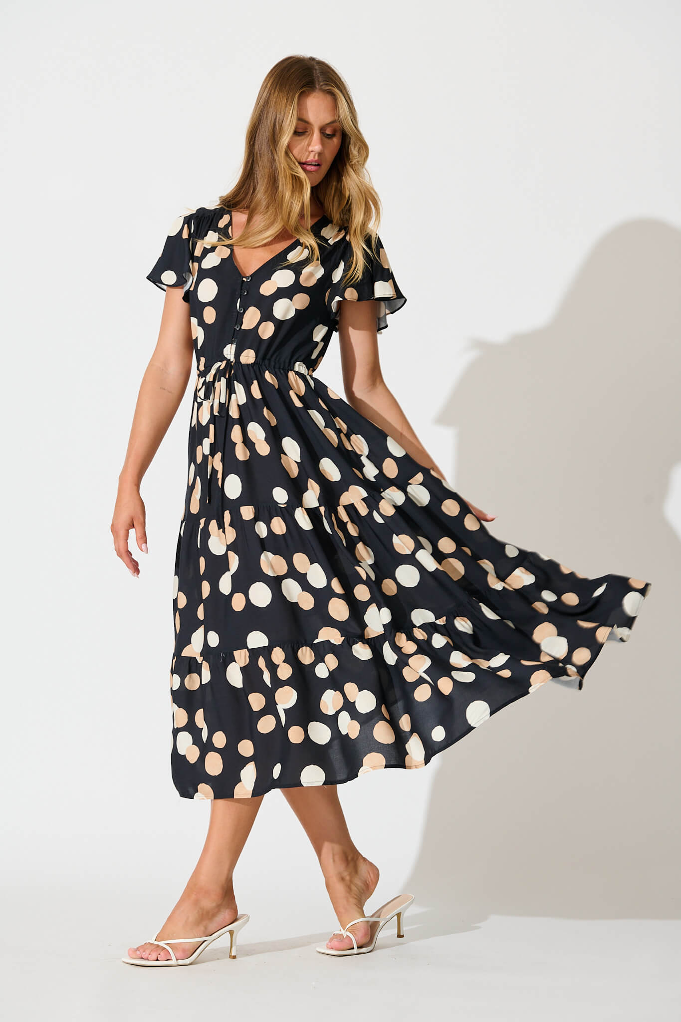 Saturday Midi Dress In Black with Cream Spot