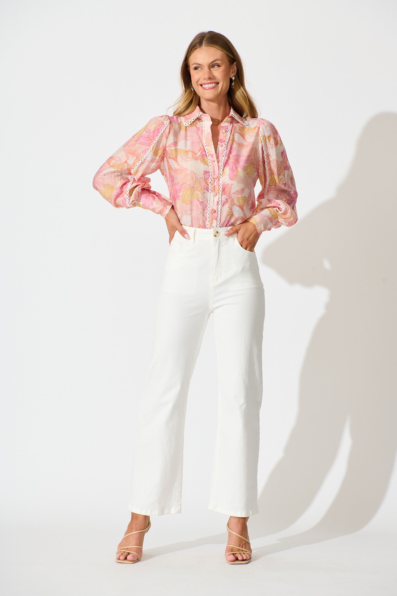 Davies Shirt in Pink Floral With White Lace Trim