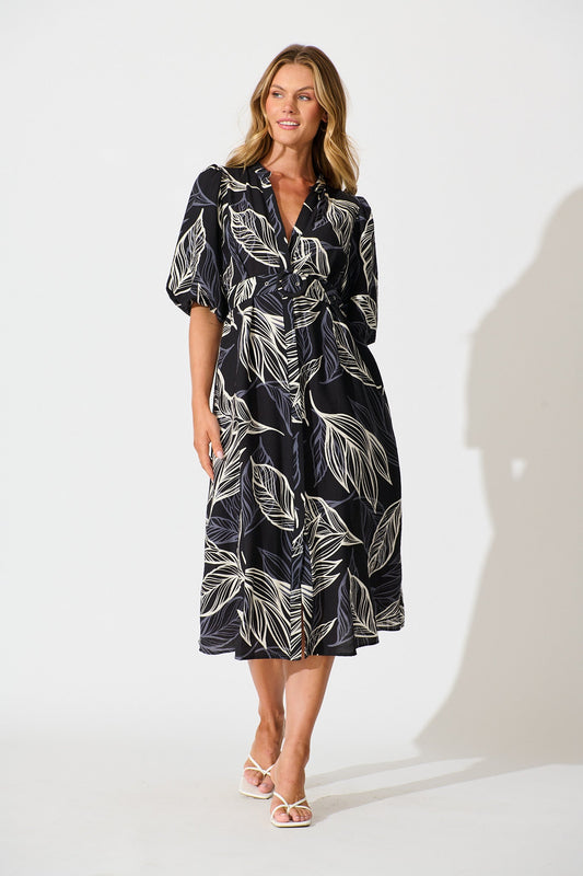 Katie Midi Dress in Black with Cream Leaf