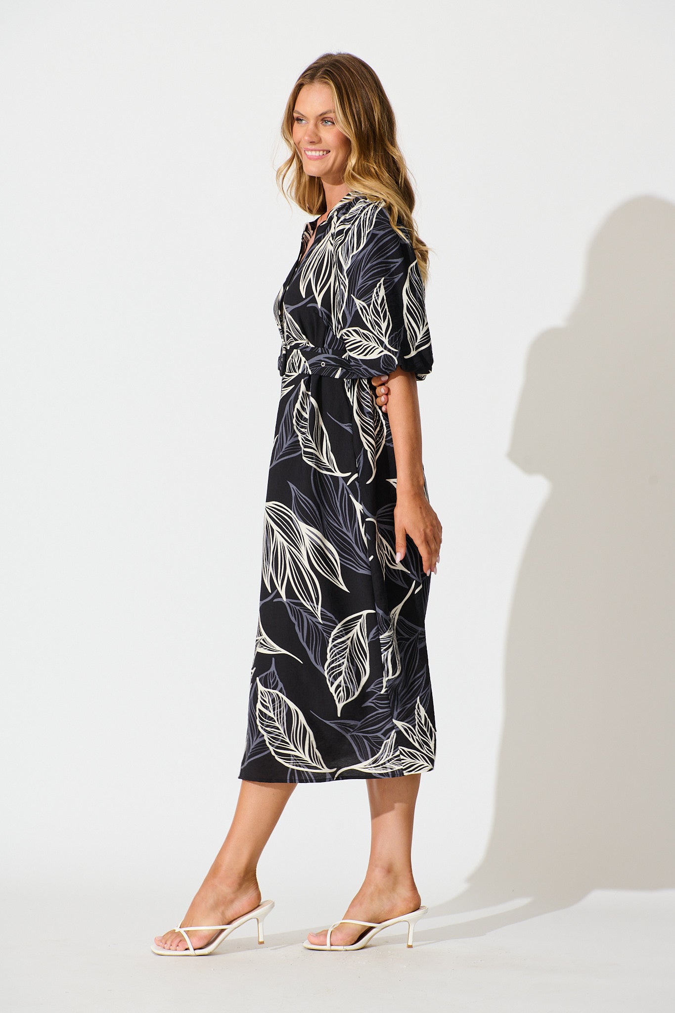 Katie Midi Dress in Black with Cream Leaf