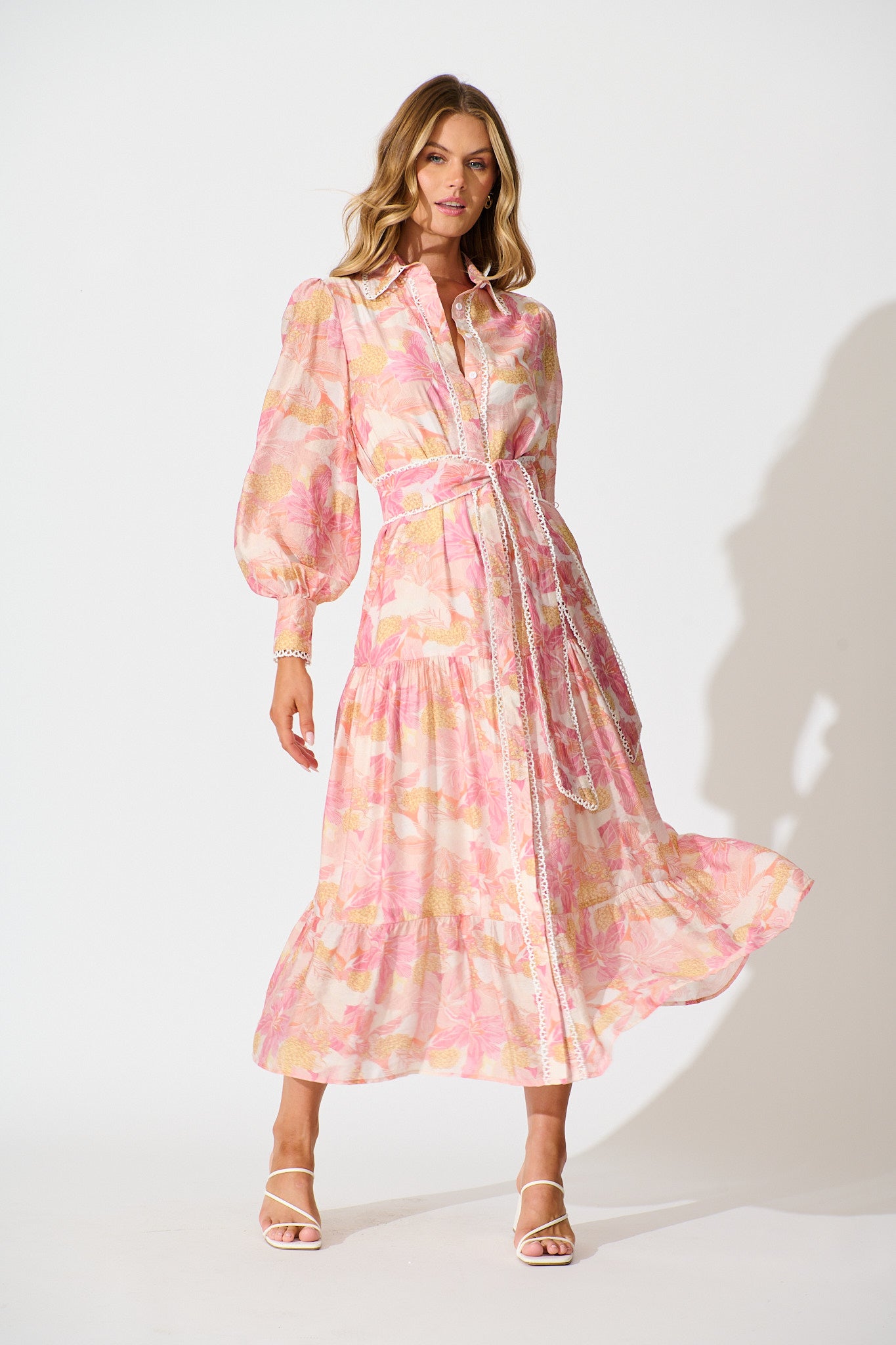 Alaina Maxi Shirt Dress in Pink Floral With White Lace Trim