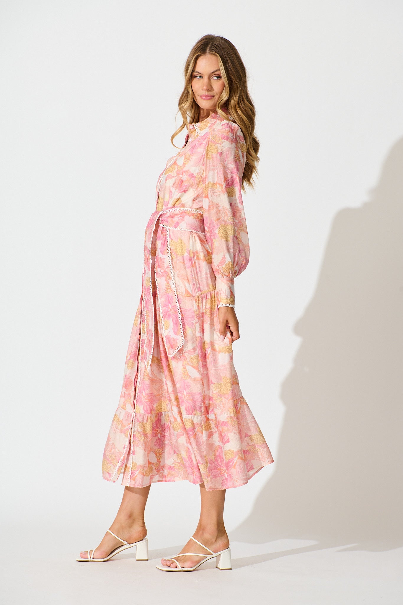 Alaina Maxi Shirt Dress in Pink Floral With White Lace Trim