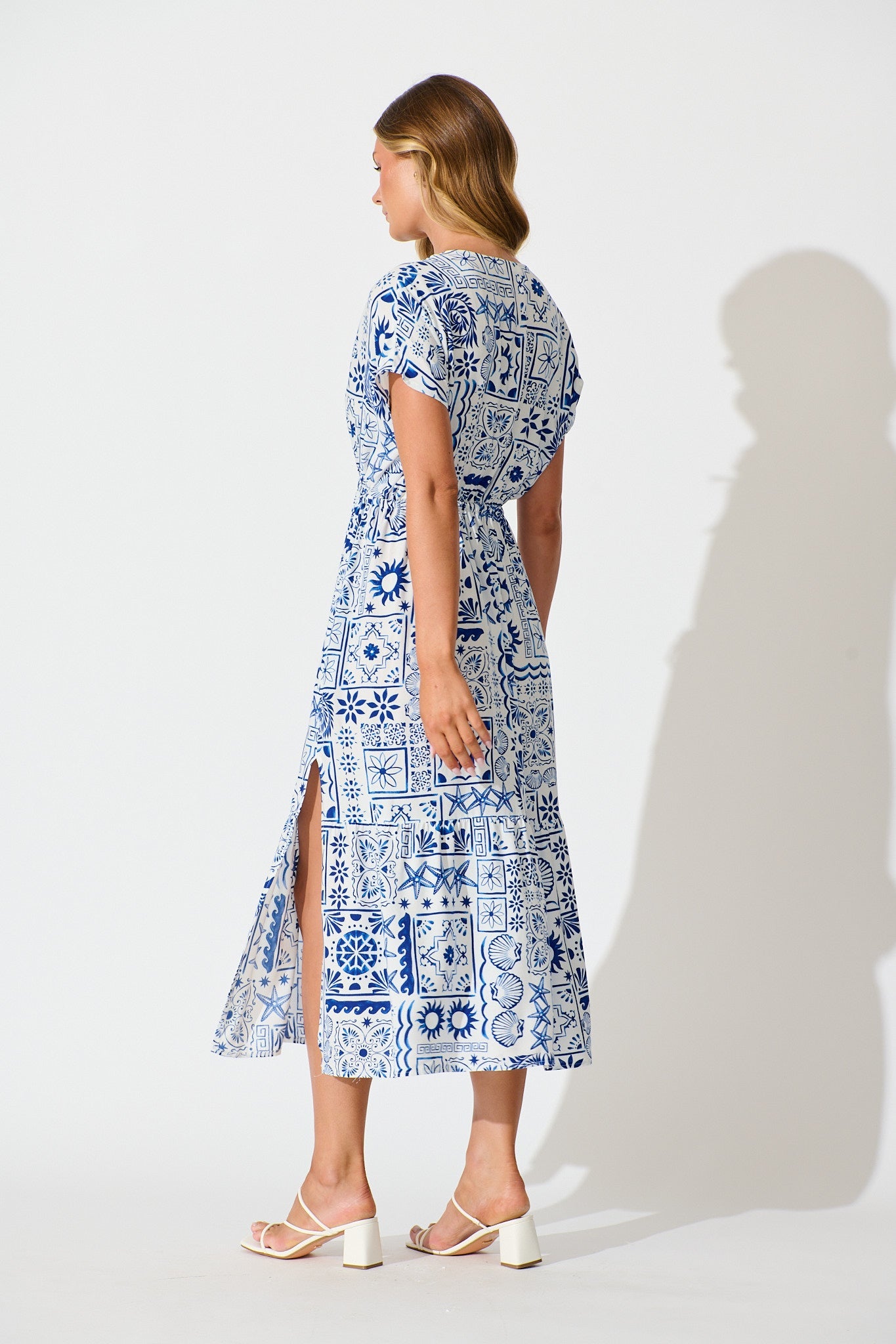 Zadie Midi Dress in White and Blue Tile Print