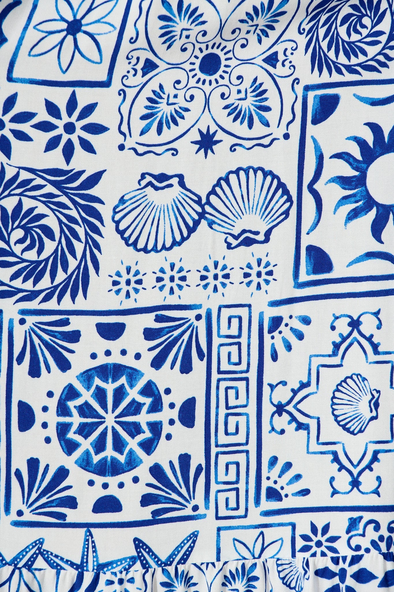 Zadie Midi Dress in White and Blue Tile Print