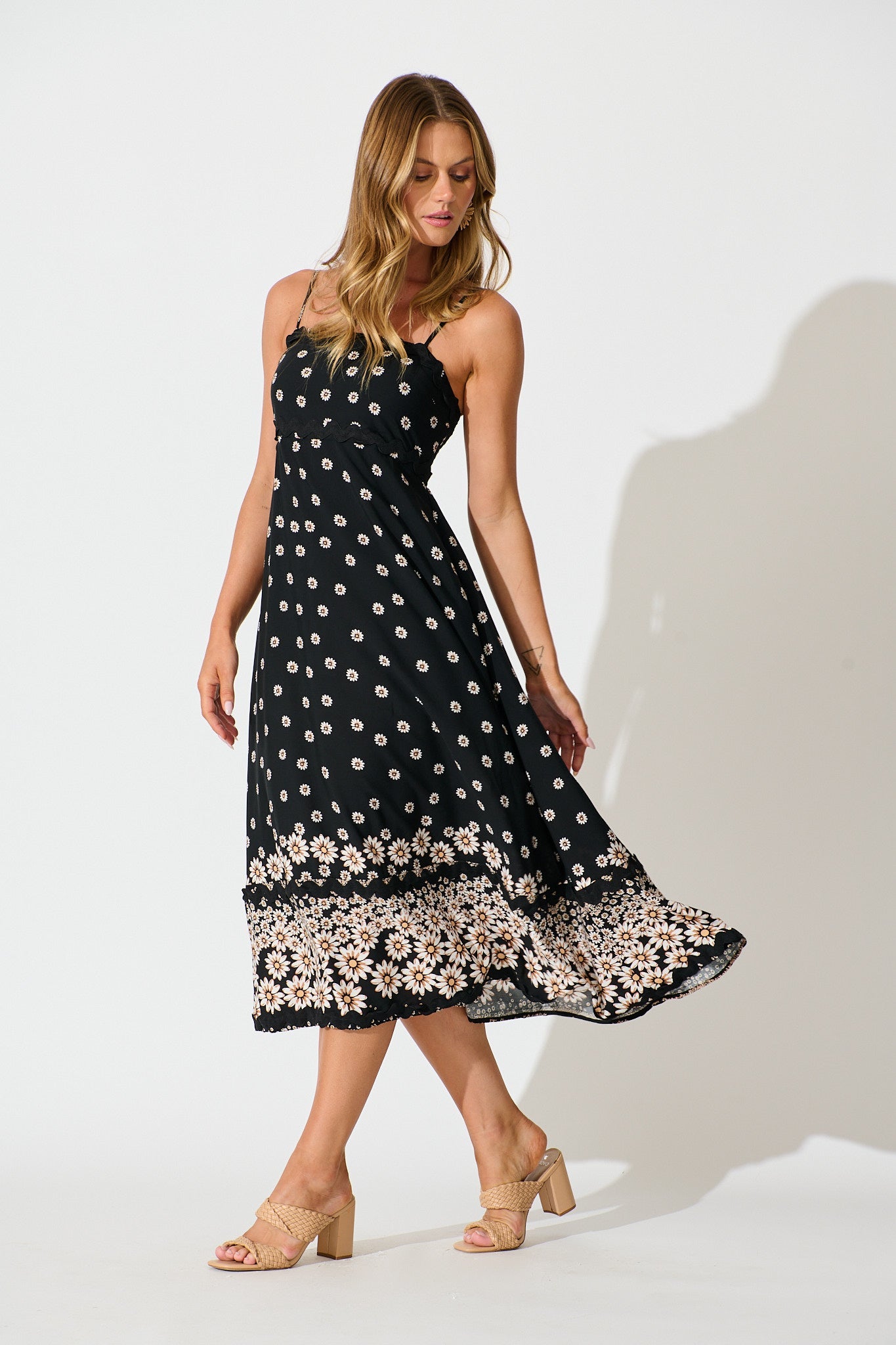 Treviso Maxi Sundress in Black with Daisy and Ric Rac Trim
