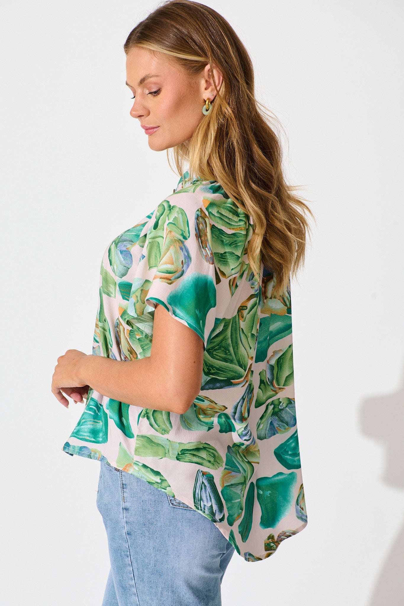 Lombard Top in Multi Green Leaf Print