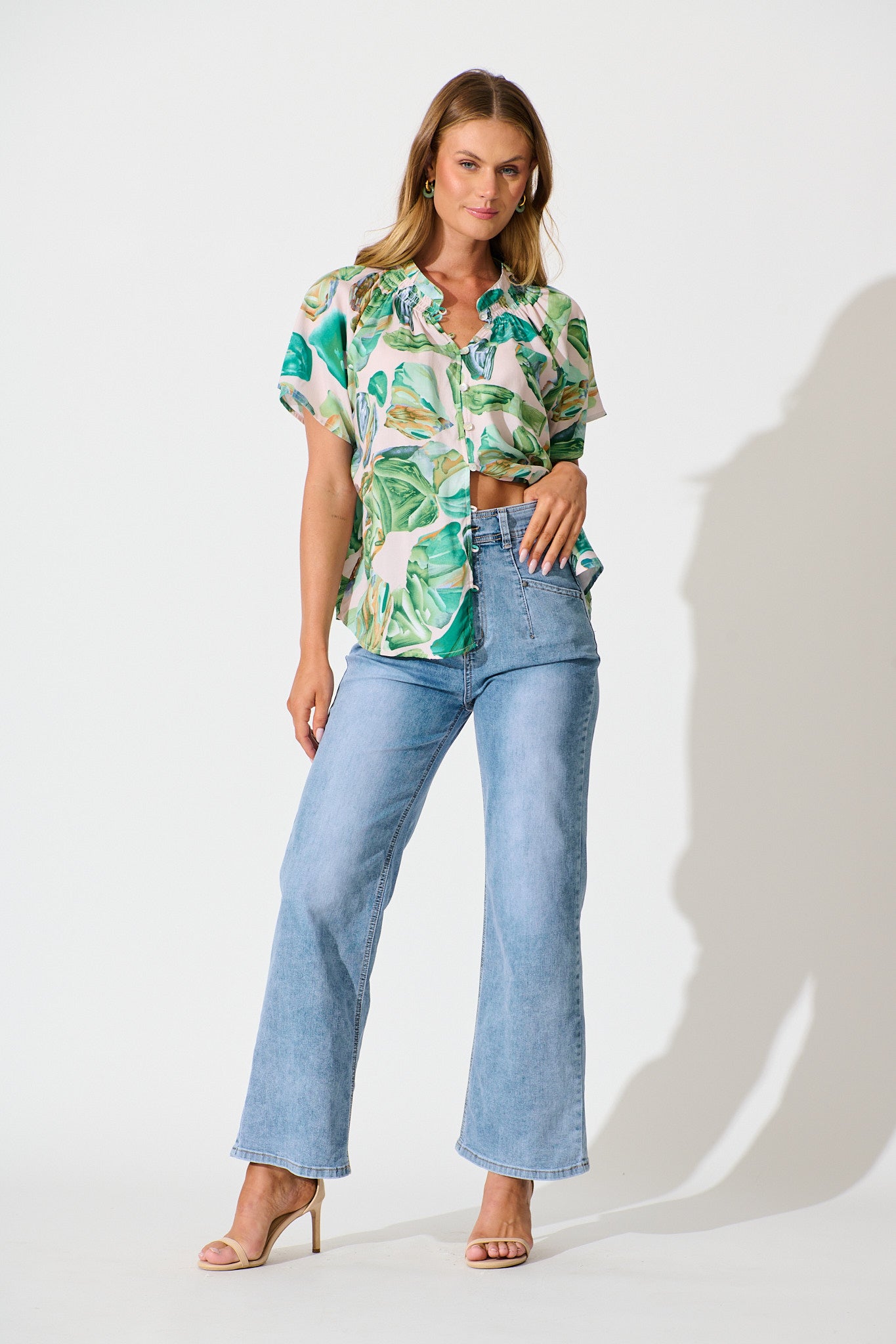 Lombard Top in Multi Green Leaf Print