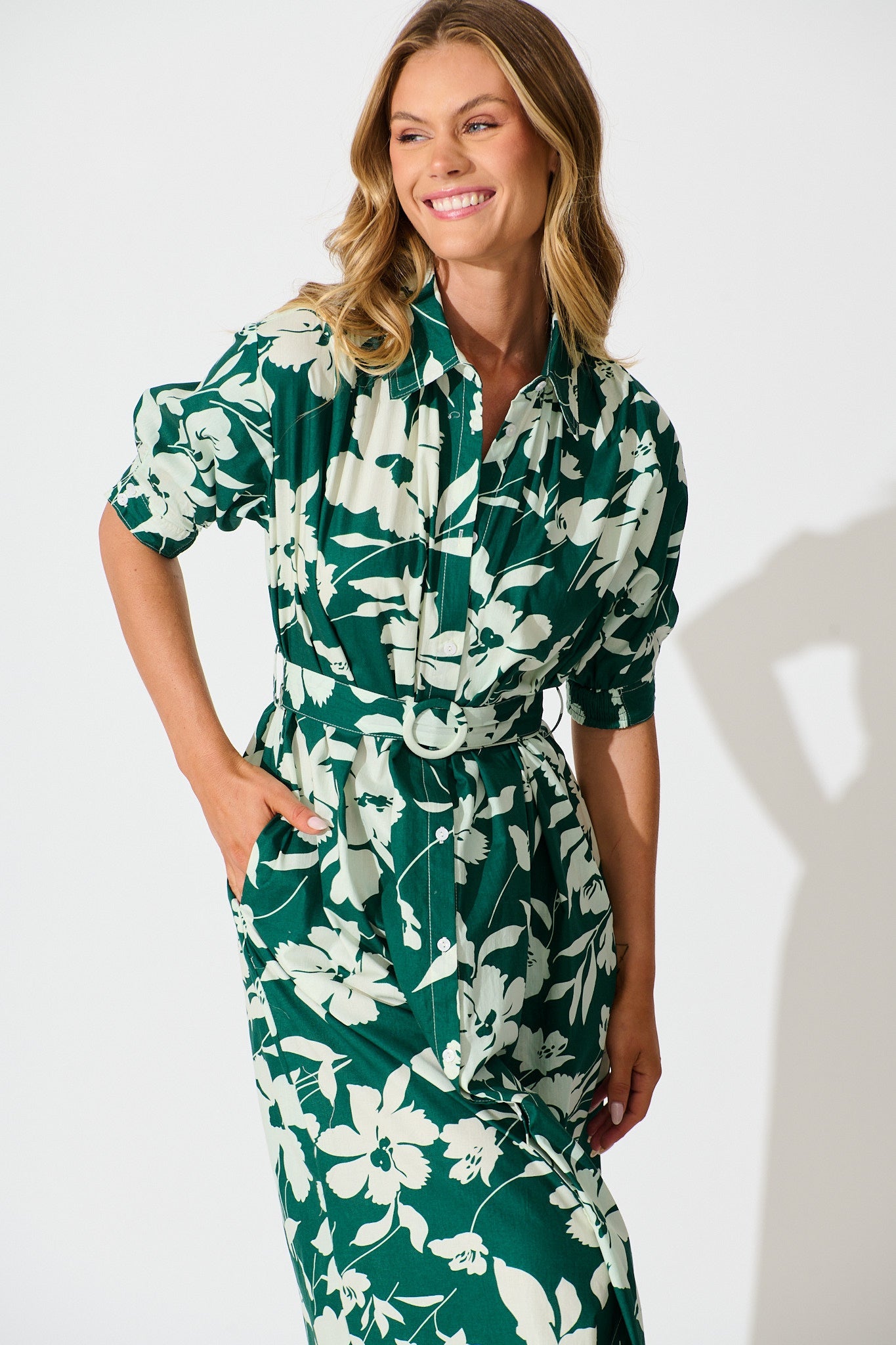 Scottdale Midi Shirt Dress in Emerald Print Cotton