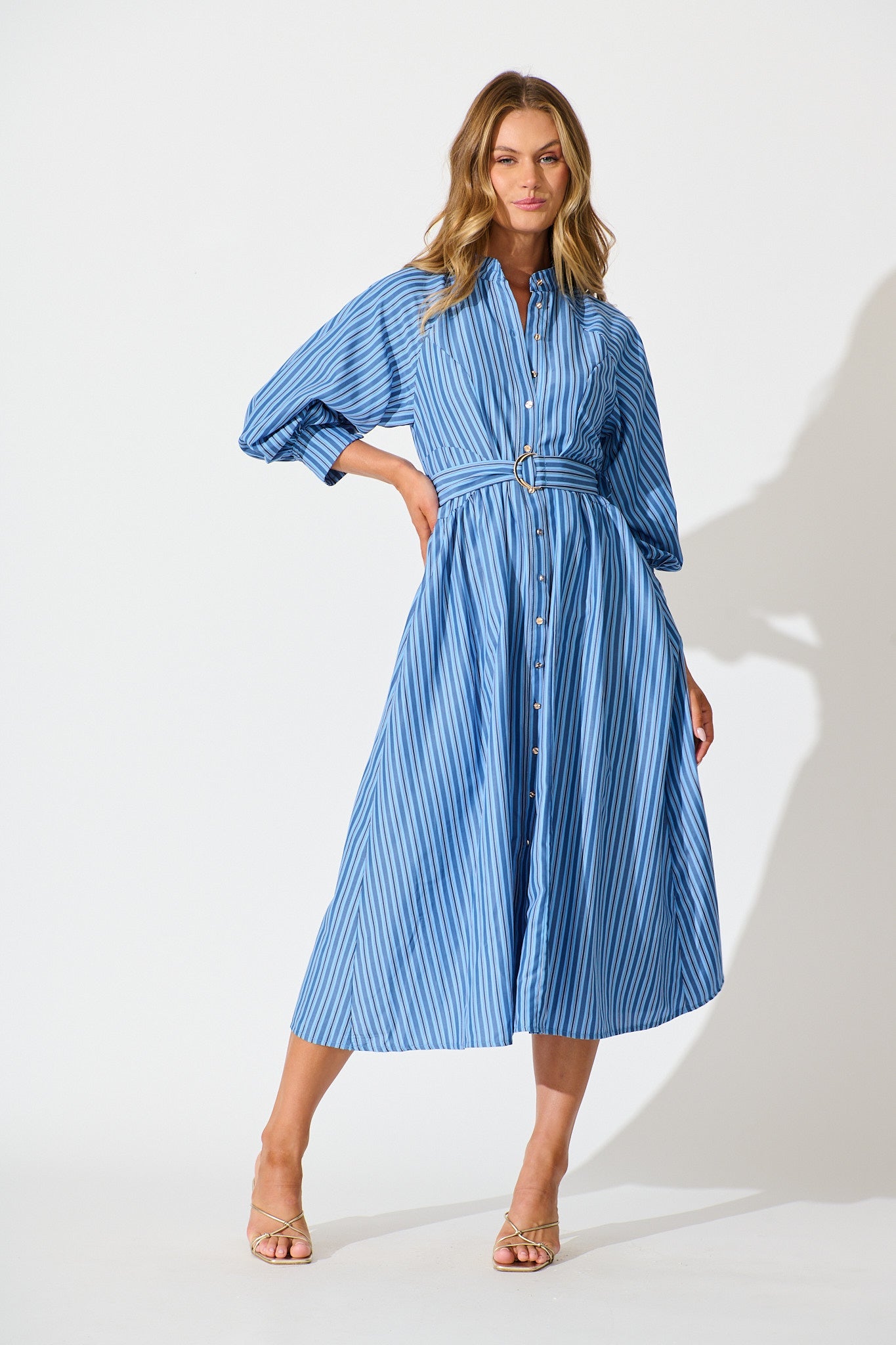 Tatiana Midi Shirt Dress in Blue Stripe Cotton Blend