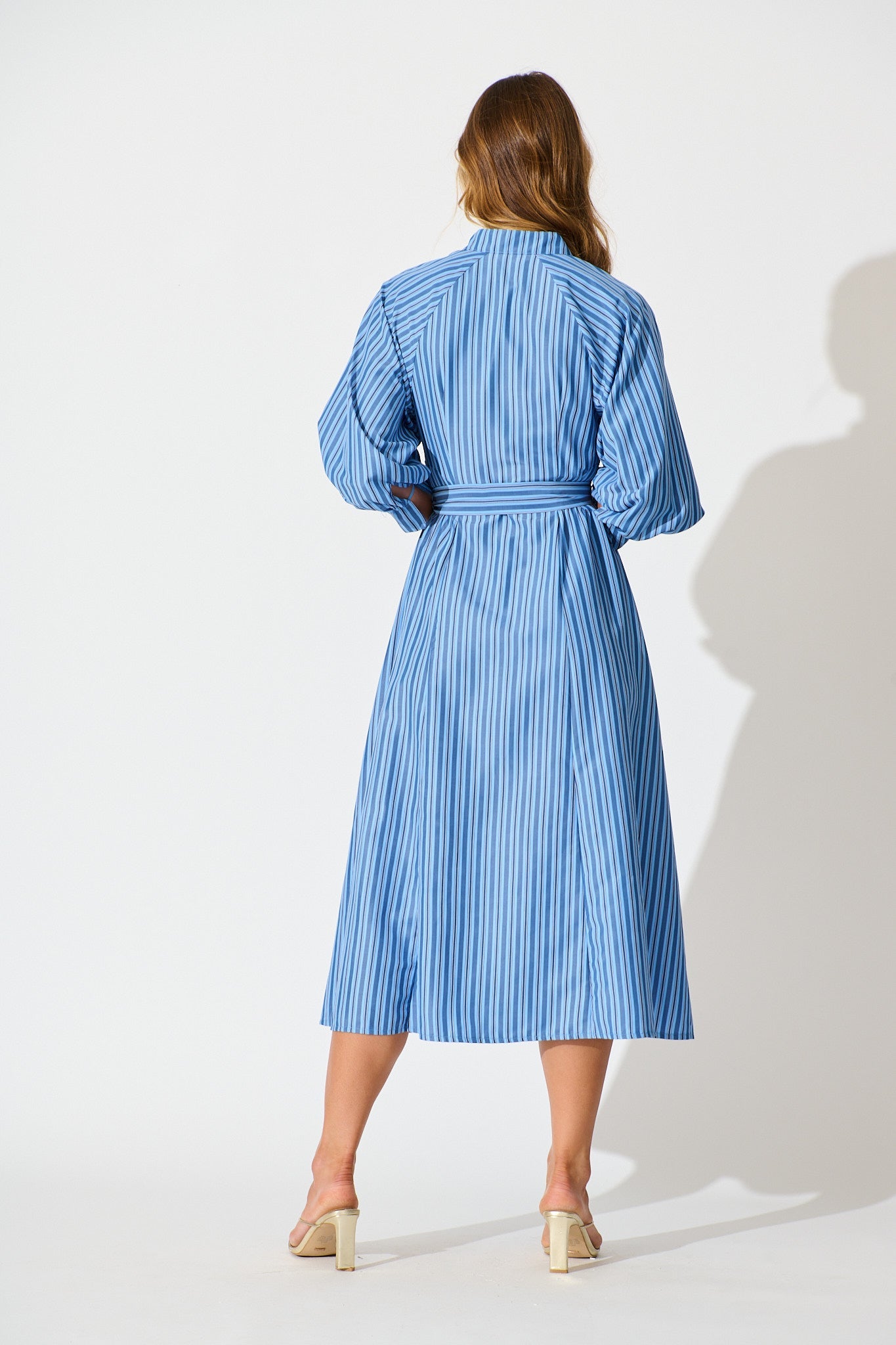 Tatiana Midi Shirt Dress in Blue Stripe Cotton Blend