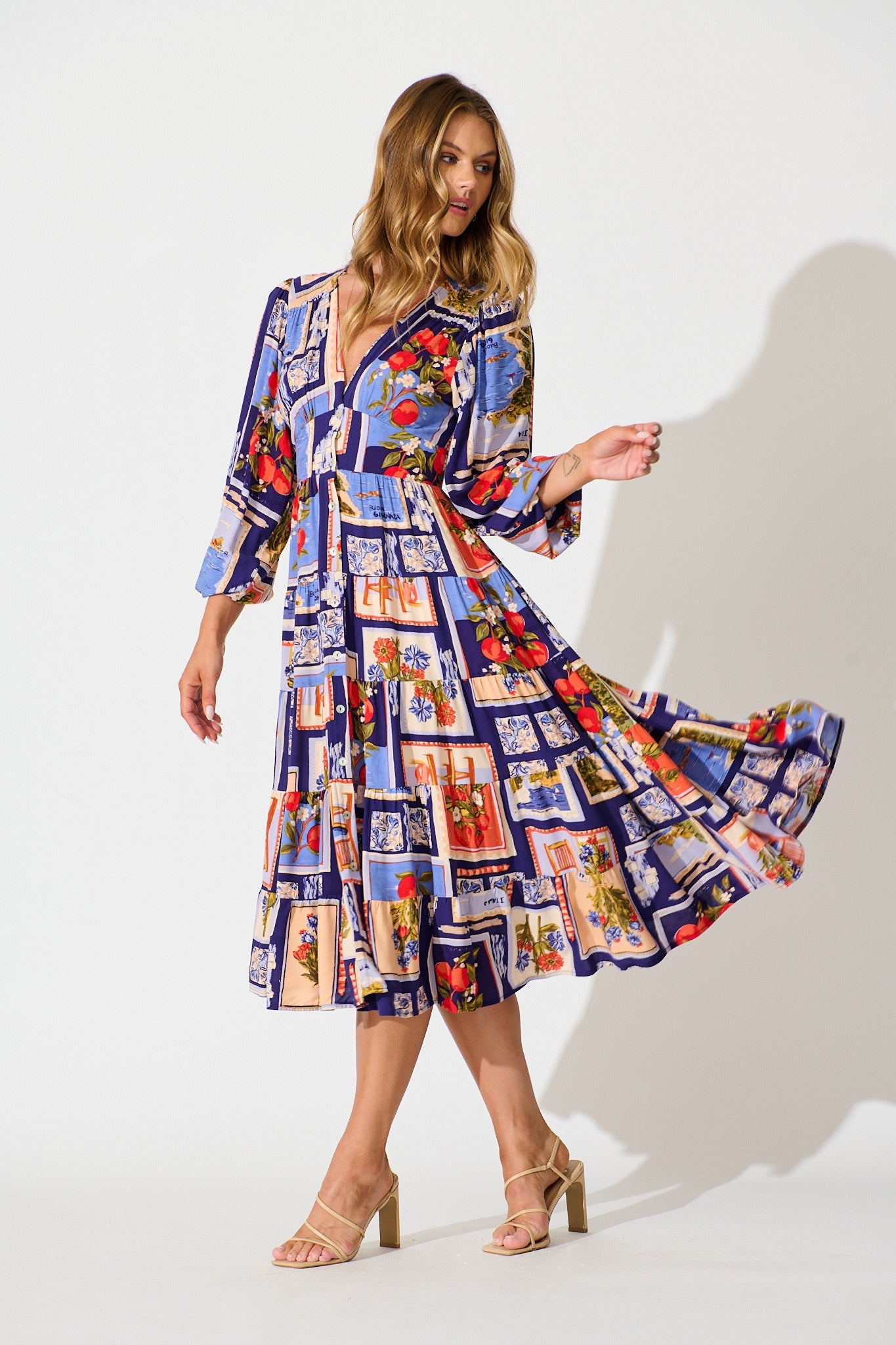 Modical Midi Dress In Blue Multi Postcard Print