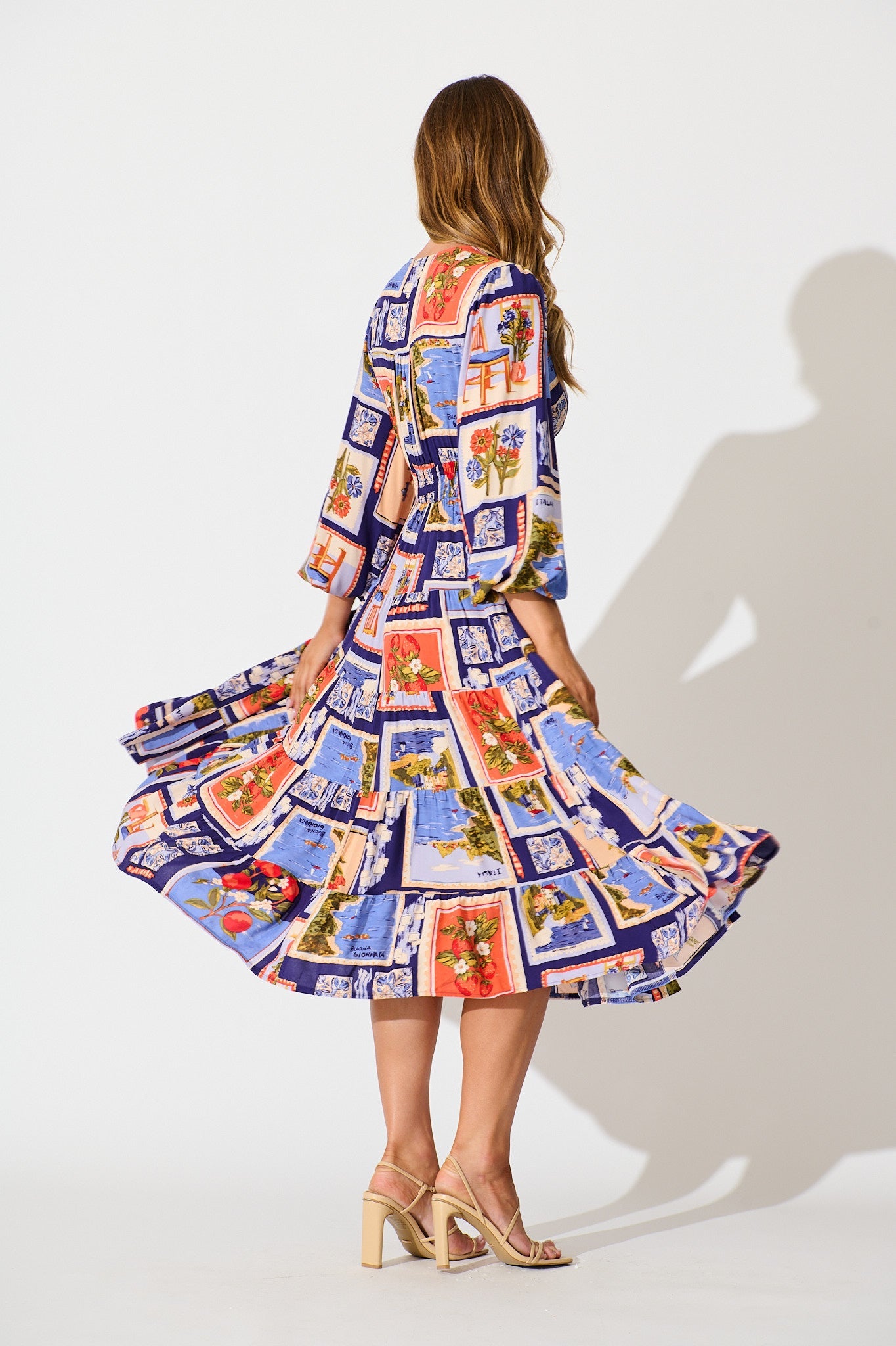 Modical Midi Dress In Blue Multi Postcard Print
