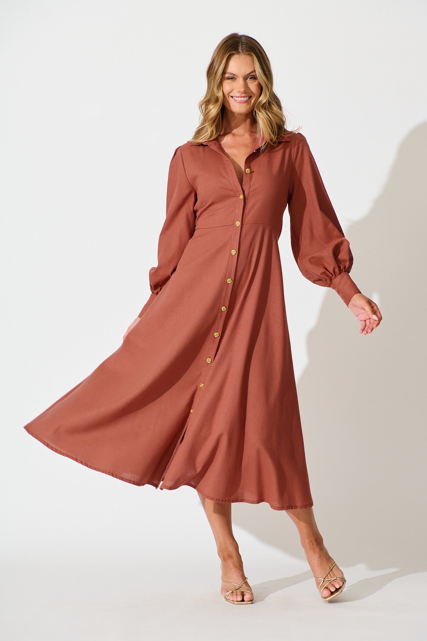 Ciao Bella Maxi Shirt Dress In Rust Linen Blend