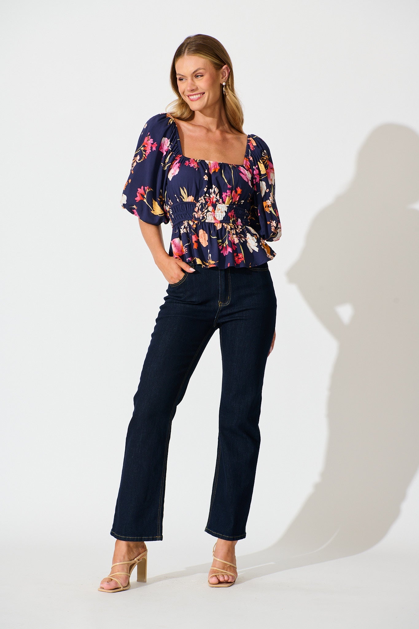 Rosella Top In Navy with Multi Floral