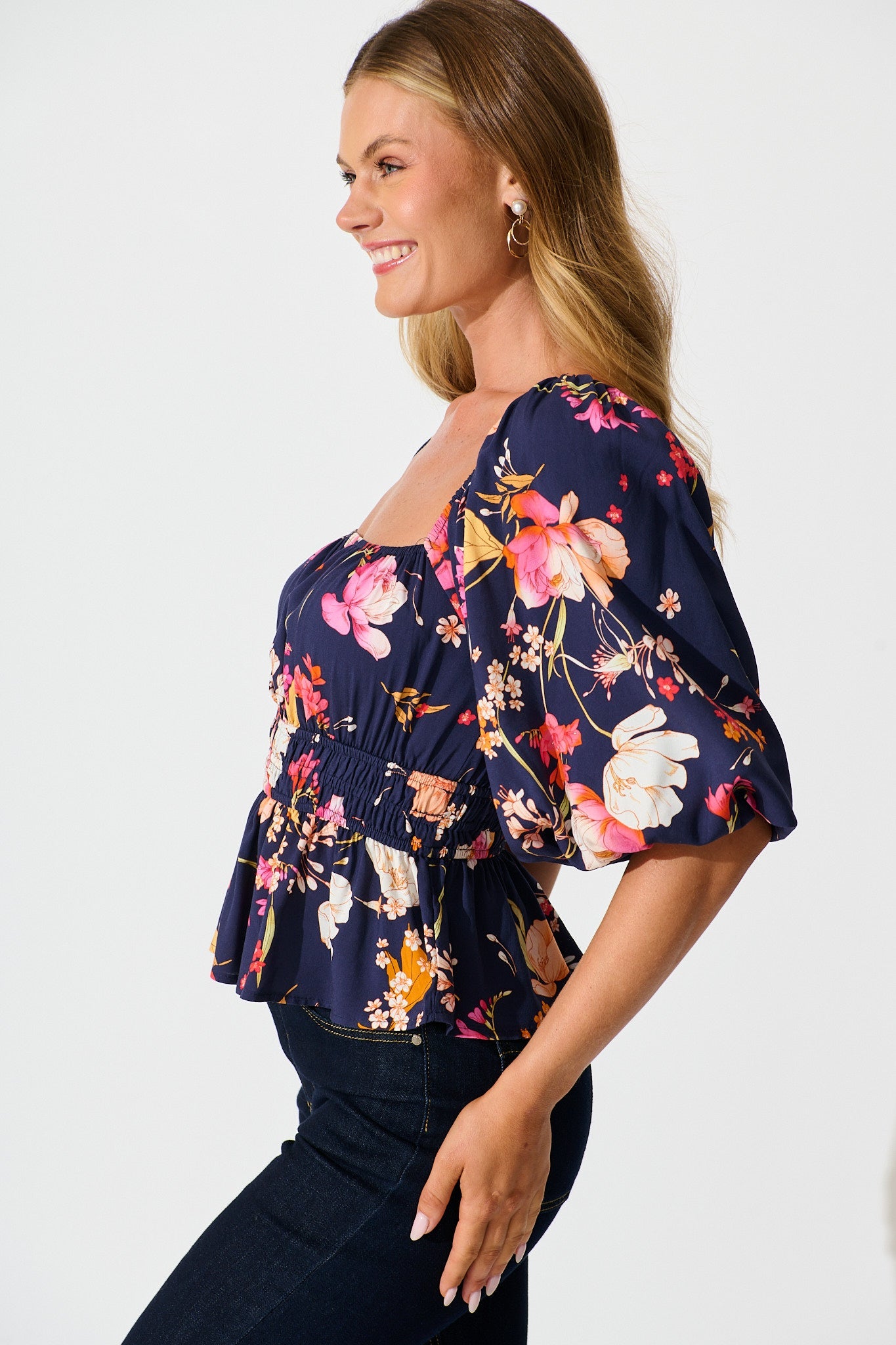 Rosella Top In Navy with Multi Floral
