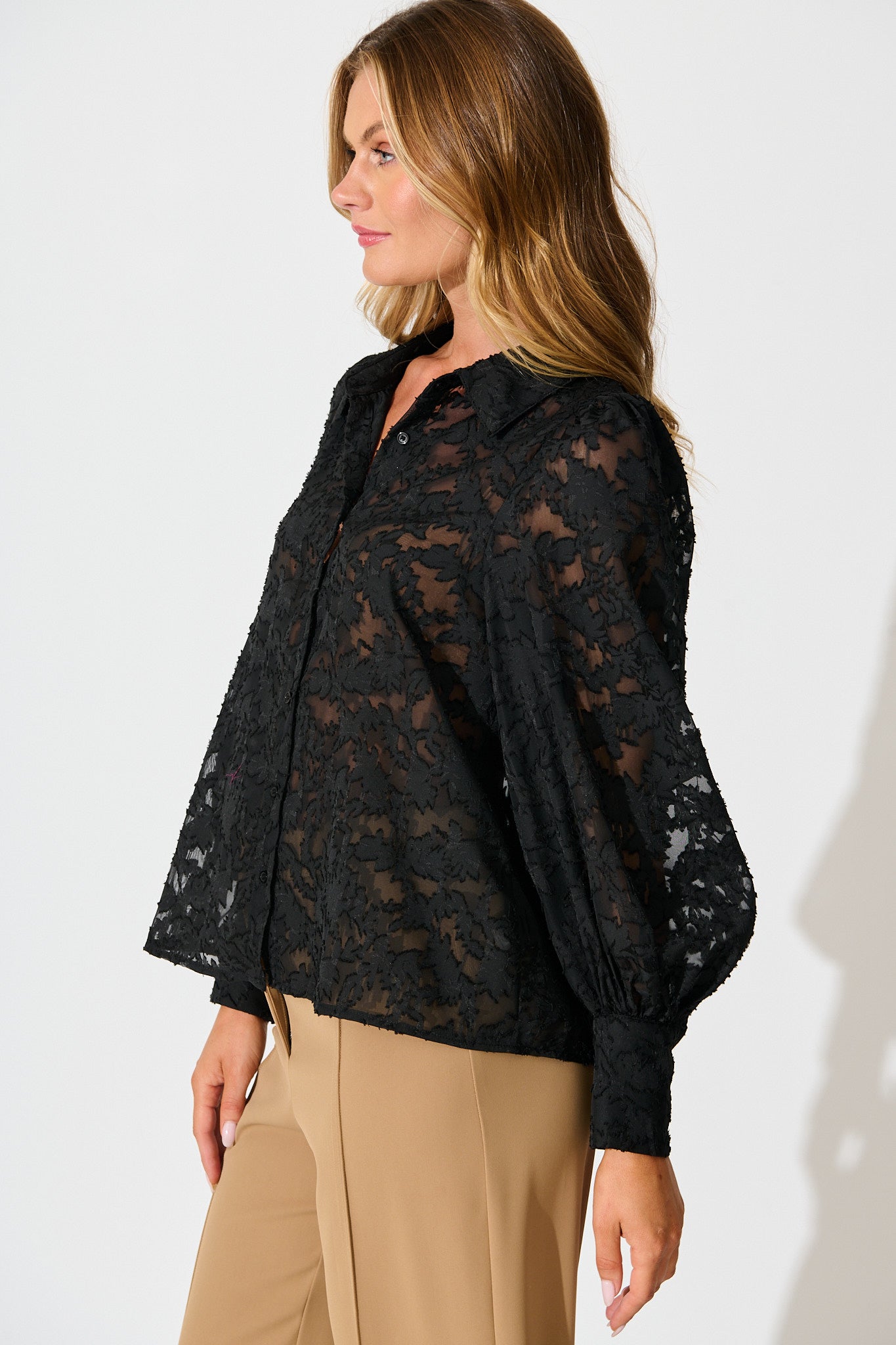 Vanessa Shirt In Black Leaf Burnout Chiffon