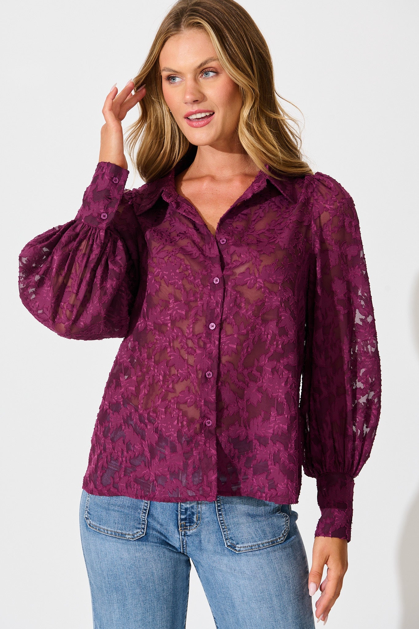 Vanessa Shirt in Plum Leaf Burnout Chiffon