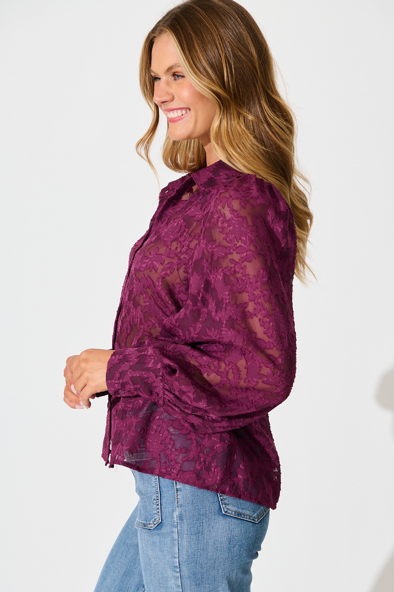 Vanessa Shirt in Plum Leaf Burnout Chiffon