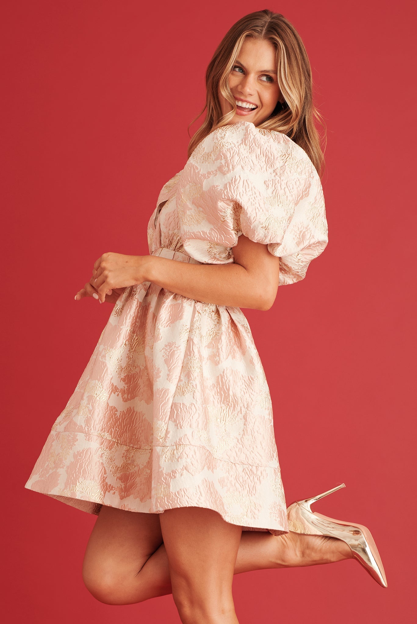 Paris Dreamer Dress in Blush with Gold Jacquard