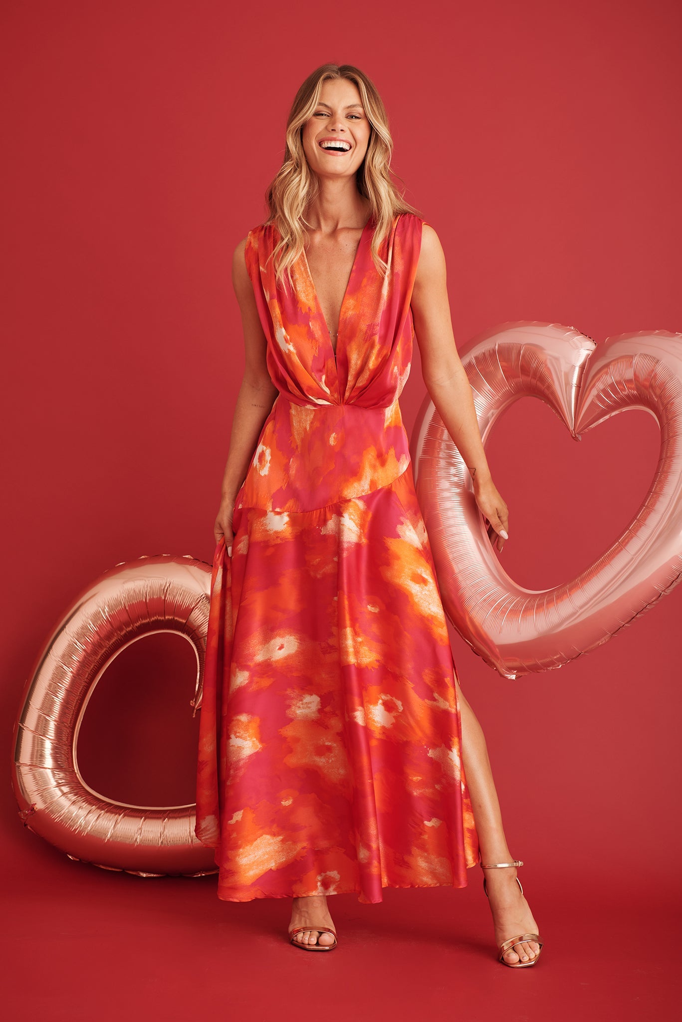 Jenibelle Maxi Dress in Hot Pink With Red Watercolour Satin