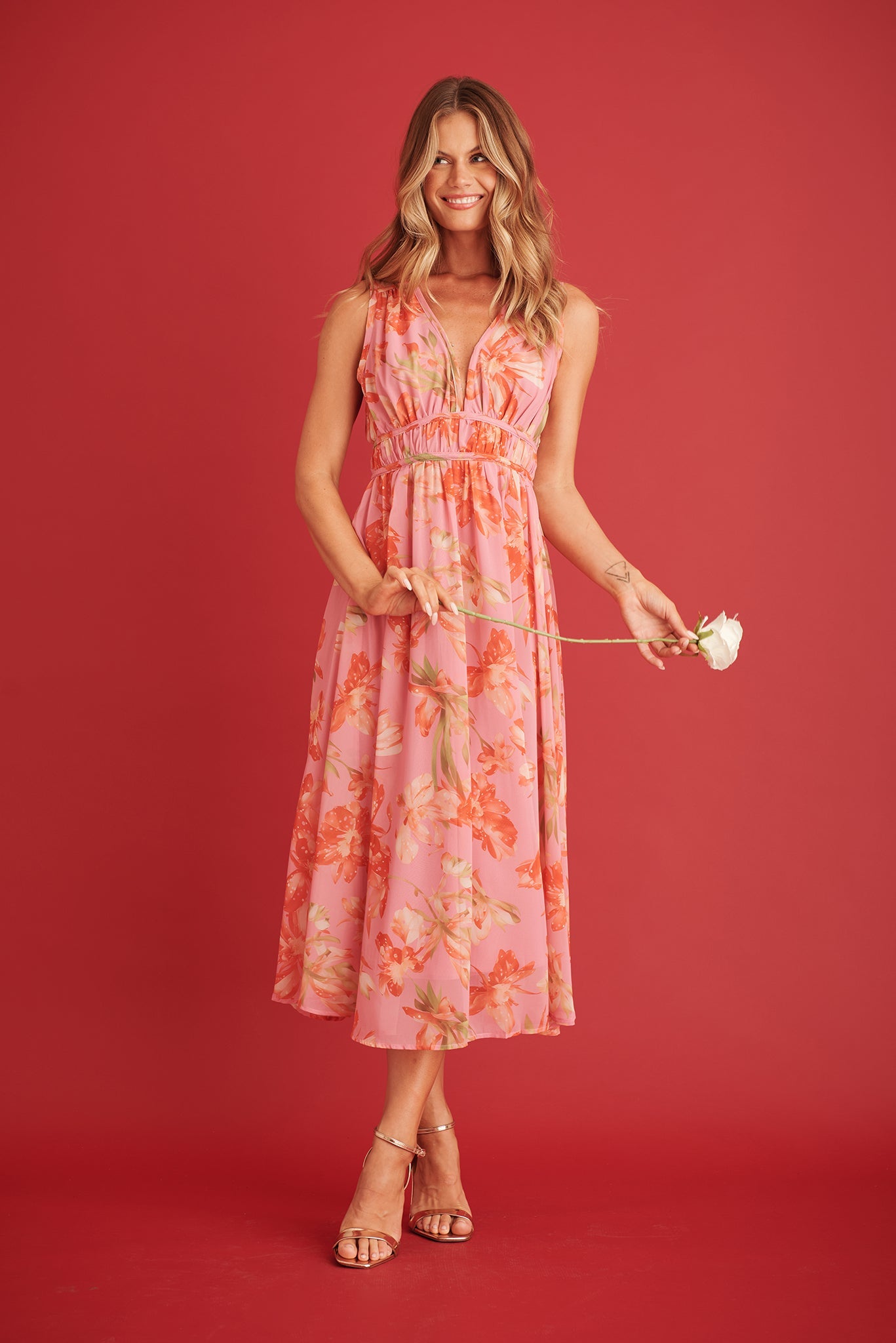 Solena Maxi Dress In Pink with Red Floral Chiffon