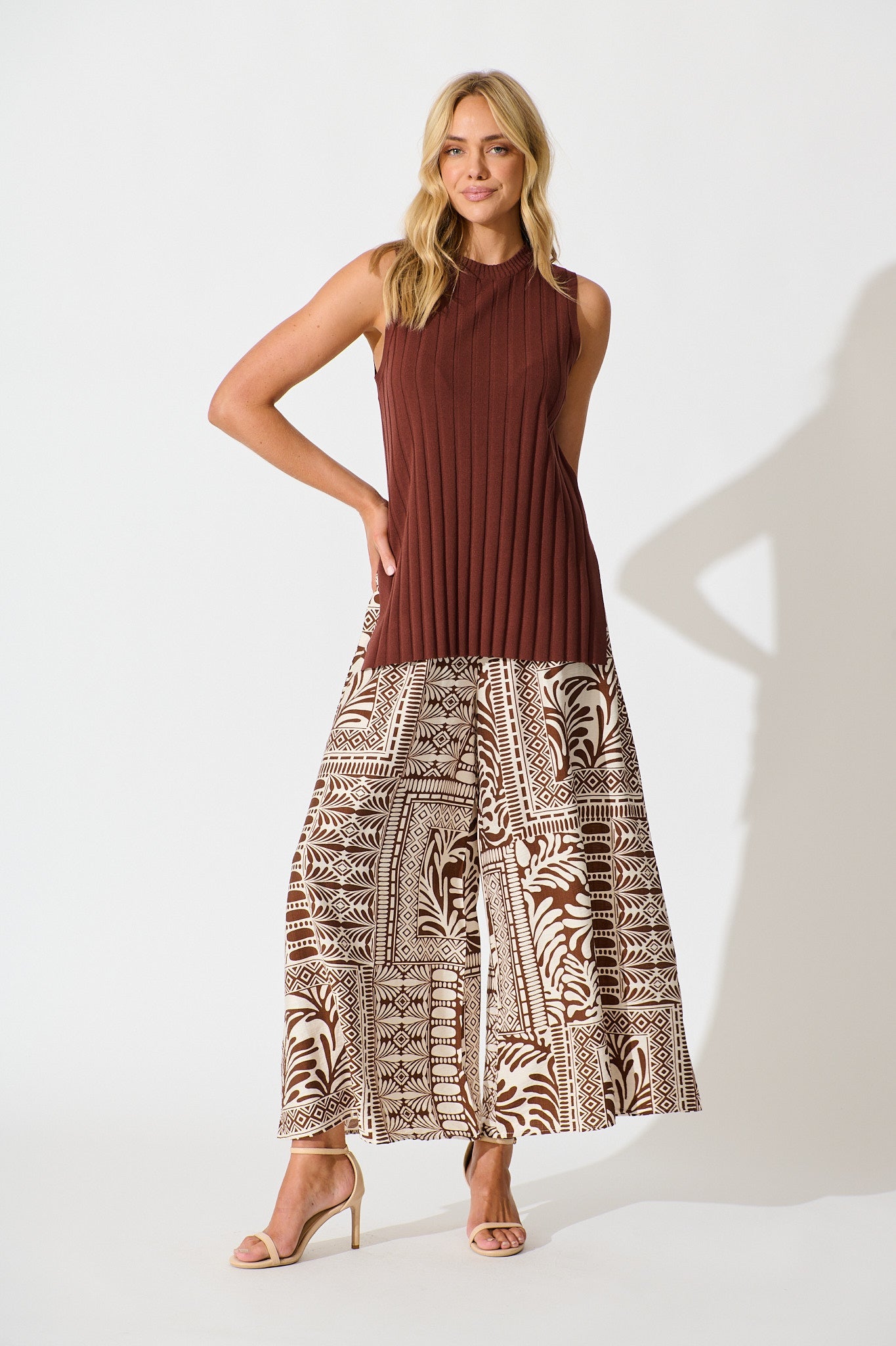 Goldie Wide Leg Pant in Chocolate and Cream Tile Print