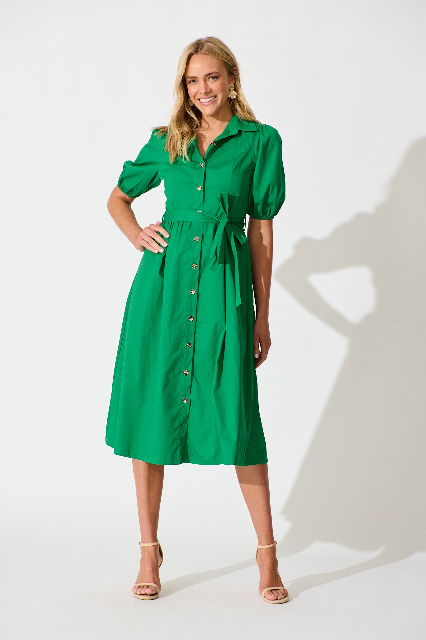 Adrienne Midi Shirt Dress in Green Cotton