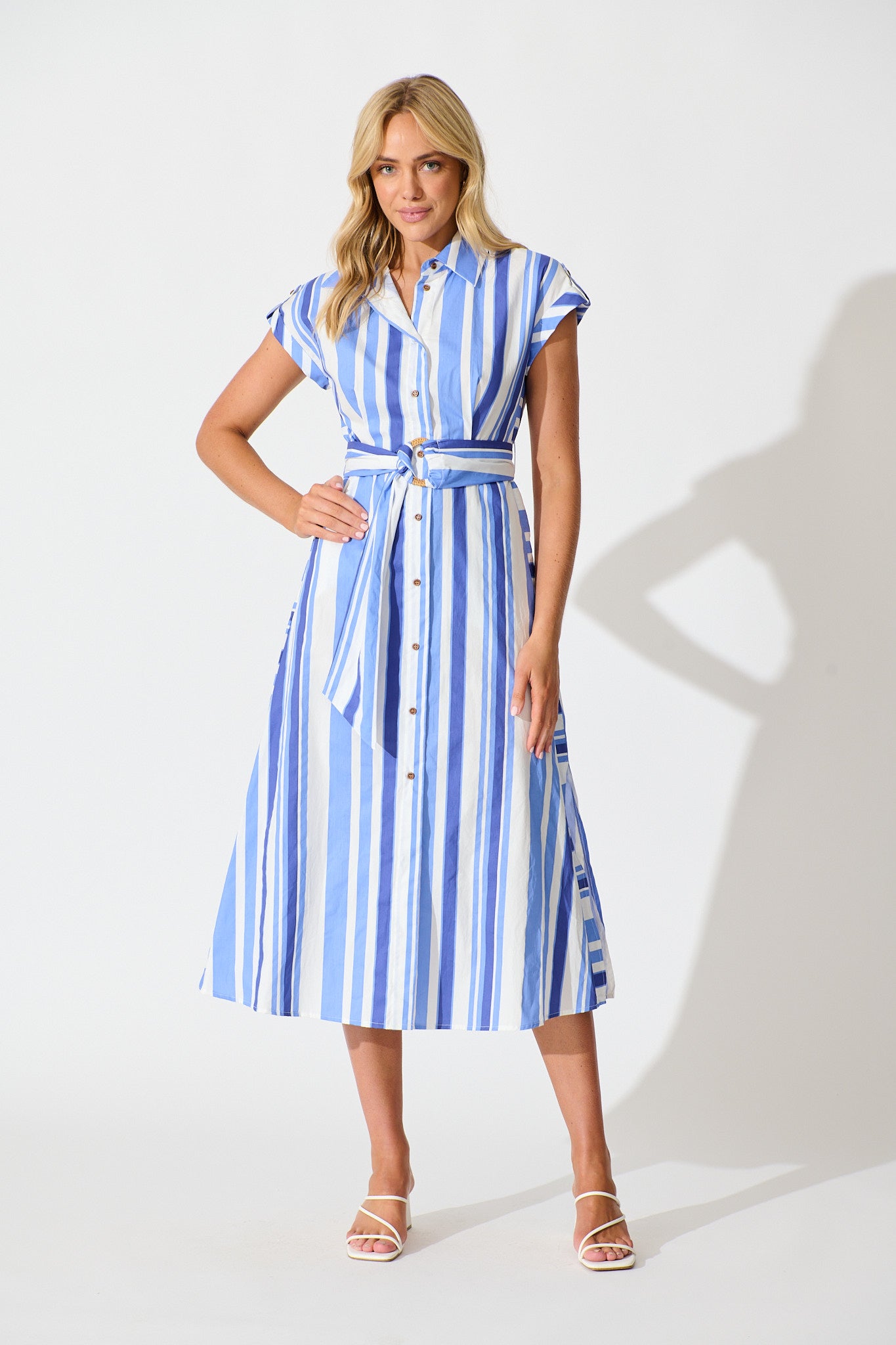 Olvera Midi Shirt Dress in Blue Stripe Cotton